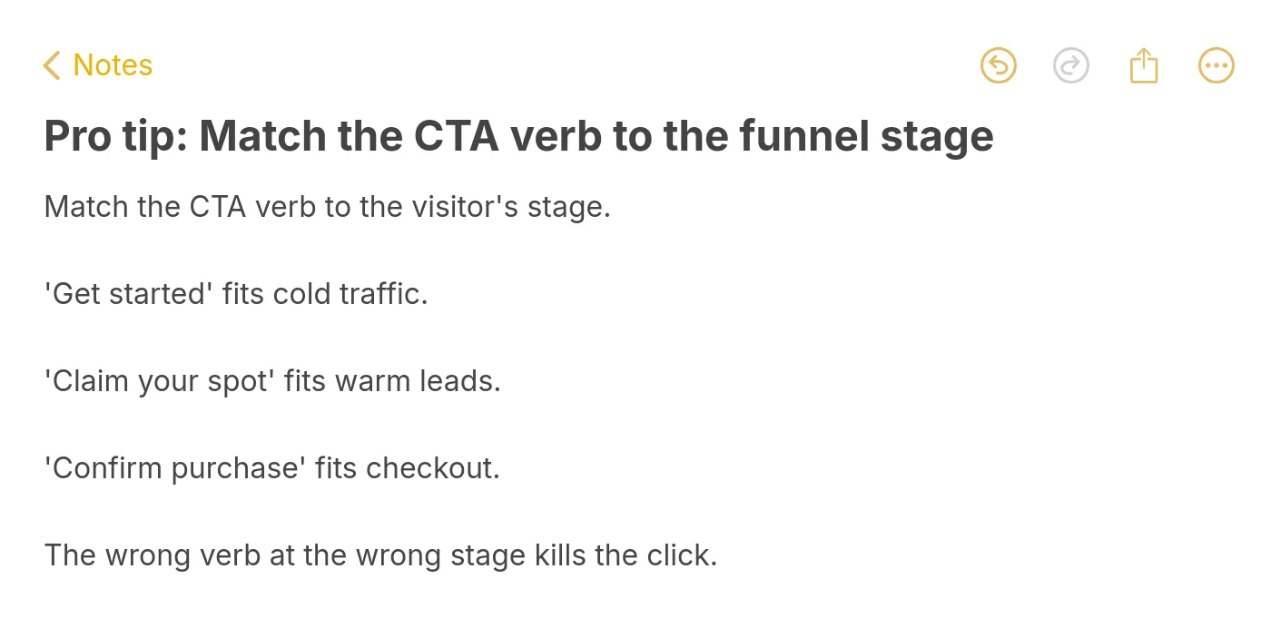 Pro tip note image: match the CTA verb to the visitor funnel stage, with examples for cold traffic, warm leads, and checkout