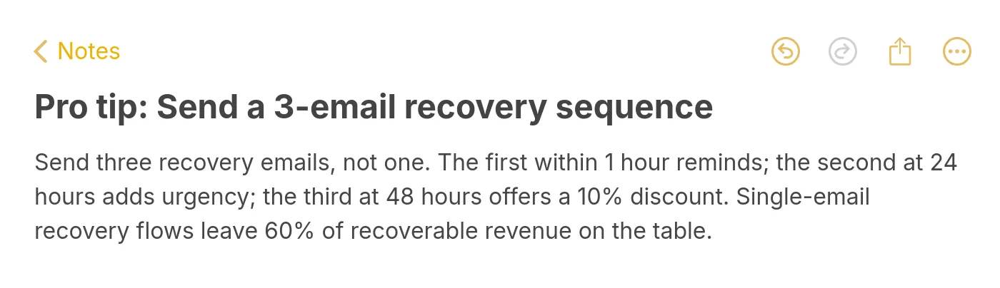 Pro tip note explaining how to structure a three-email Shopify abandoned checkout recovery sequence over 48 hours