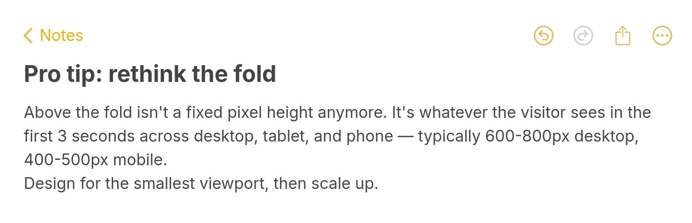 Apple Notes style pro tip card explaining that the fold is no longer a fixed pixel height
