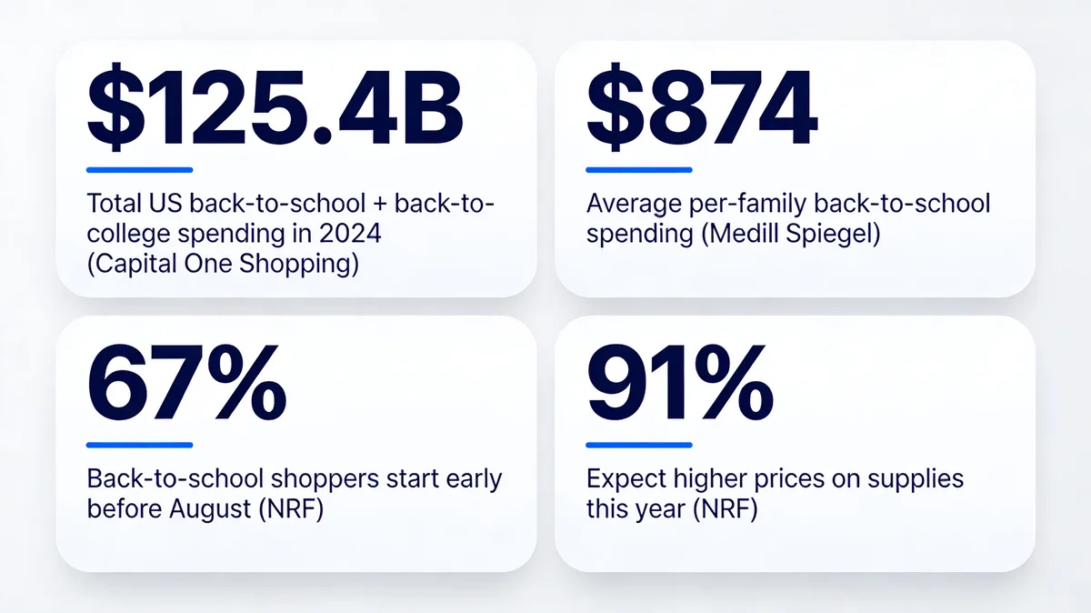 Infographic showing back-to-school spending: $125.4B total US back-to-school plus back-to-college spending, $874 average per-family, 67% of shoppers start before August, 91% expect higher prices in 2026