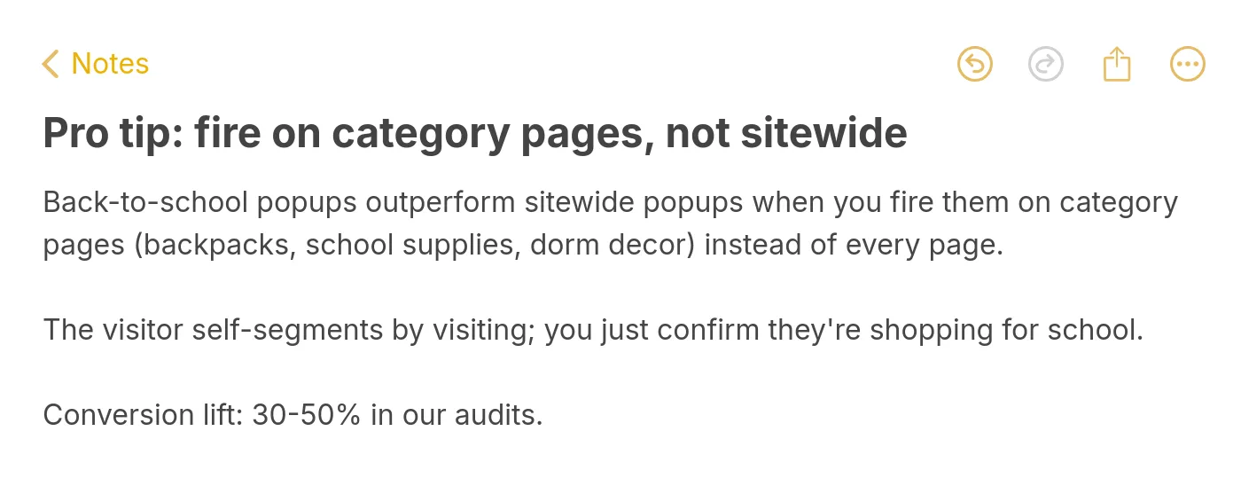 Apple Notes style pro tip explaining that back-to-school popups perform better when fired on category pages instead of sitewide