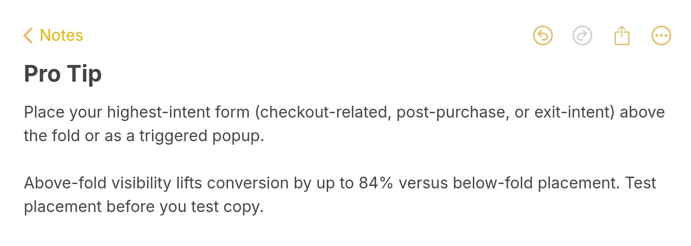 Pro tip note explaining that placing high-intent forms above the fold can lift conversion by up to 84 percent versus below-fold placement