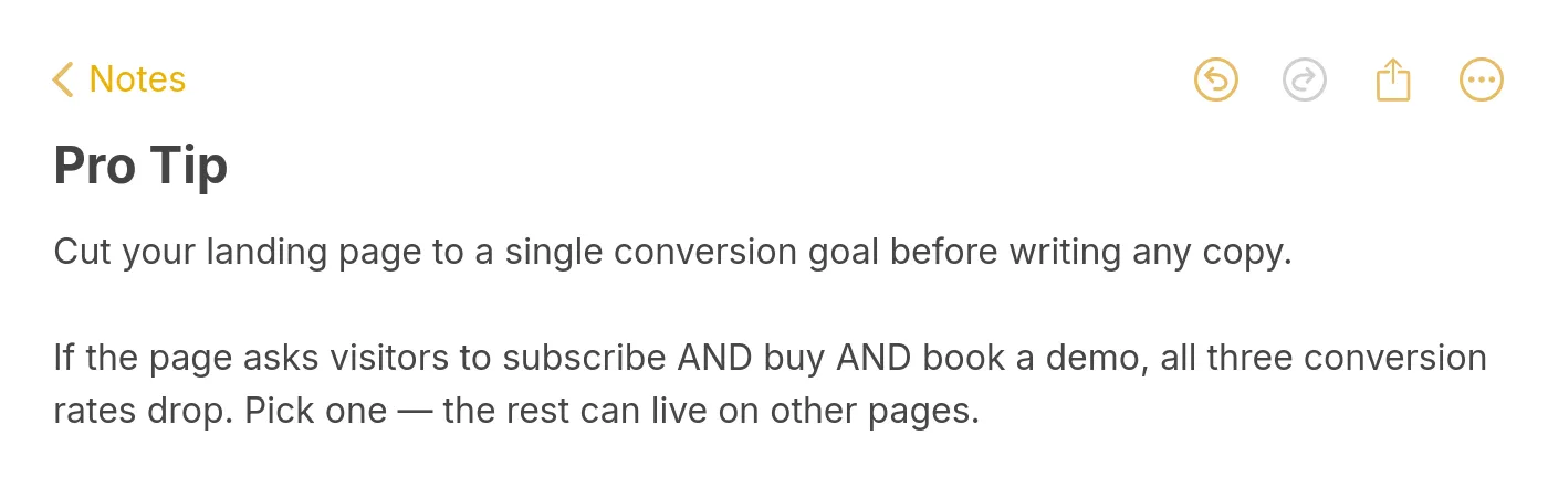 Pro tip note about cutting your Shopify landing page to a single conversion goal before writing copy to avoid splitting attention across multiple actions