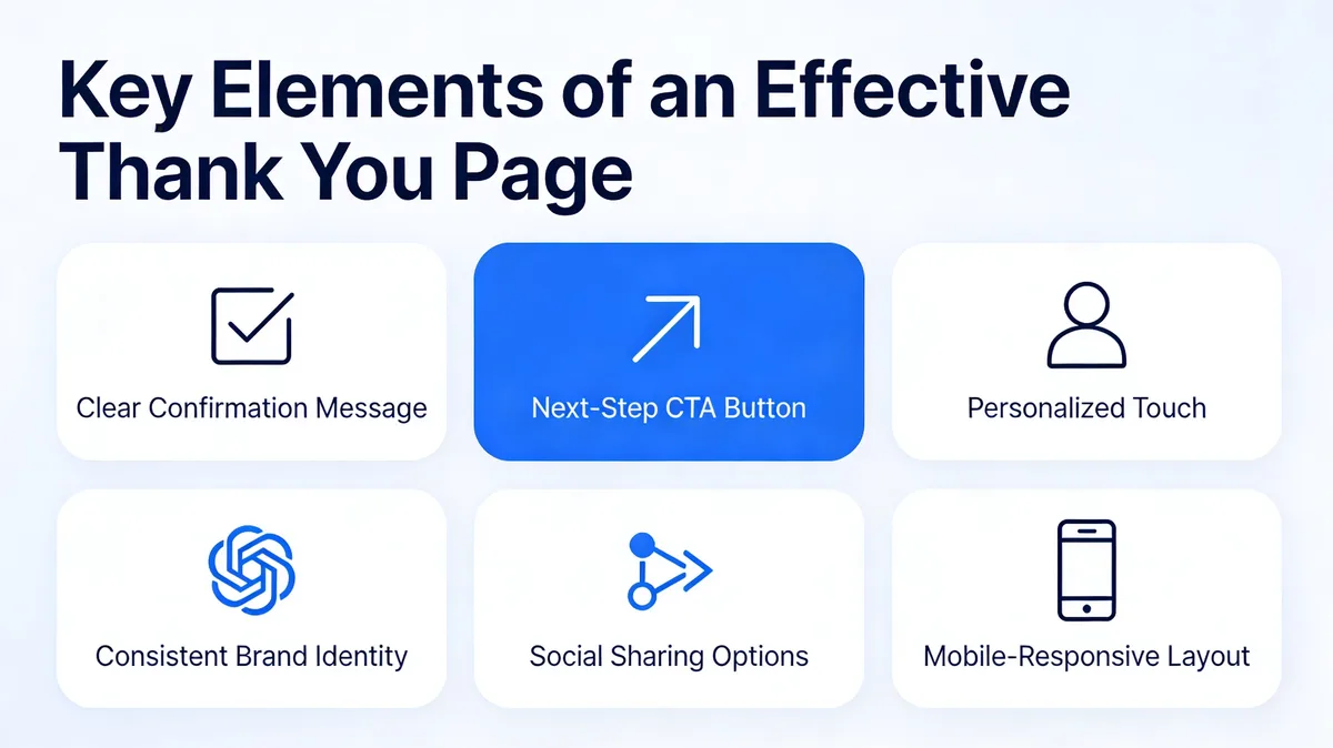 Infographic showing six key elements of an effective thank you page including CTA, personalization, and mobile design