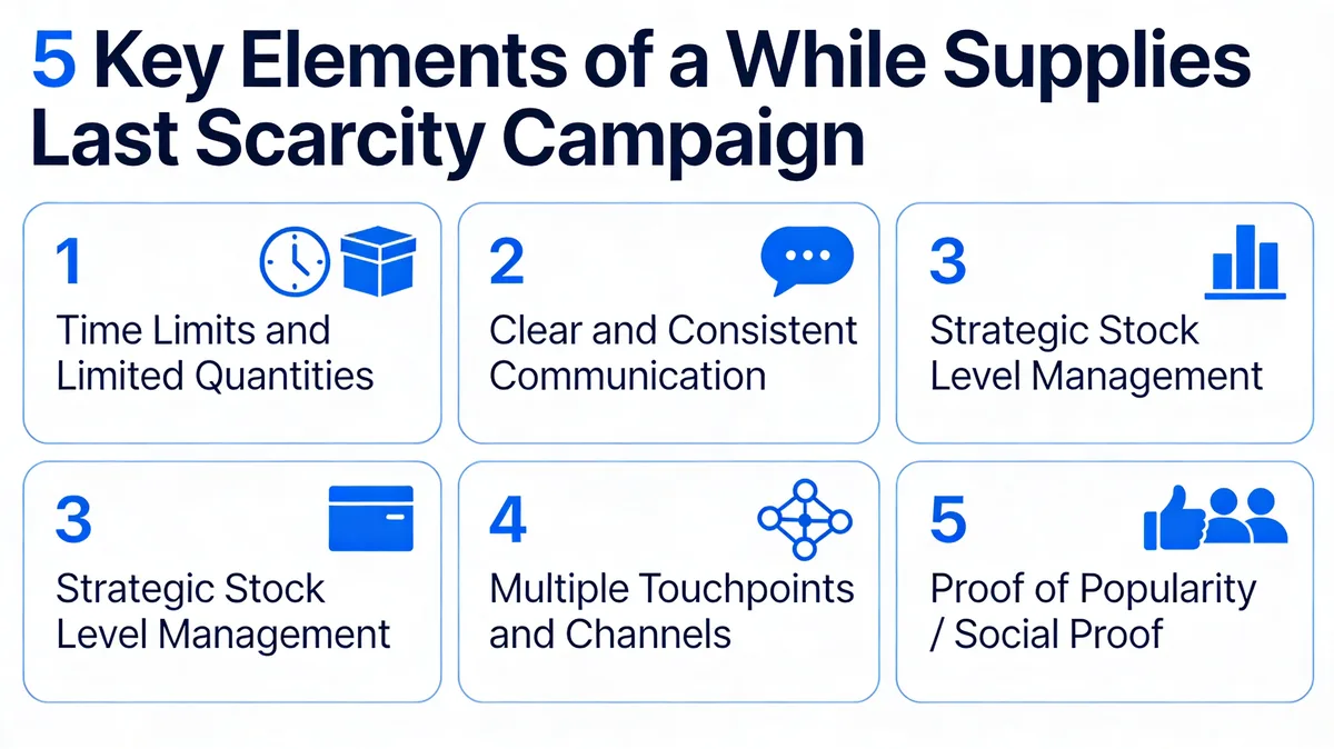 Infographic showing the 5 key elements of a successful while supplies last scarcity marketing campaign