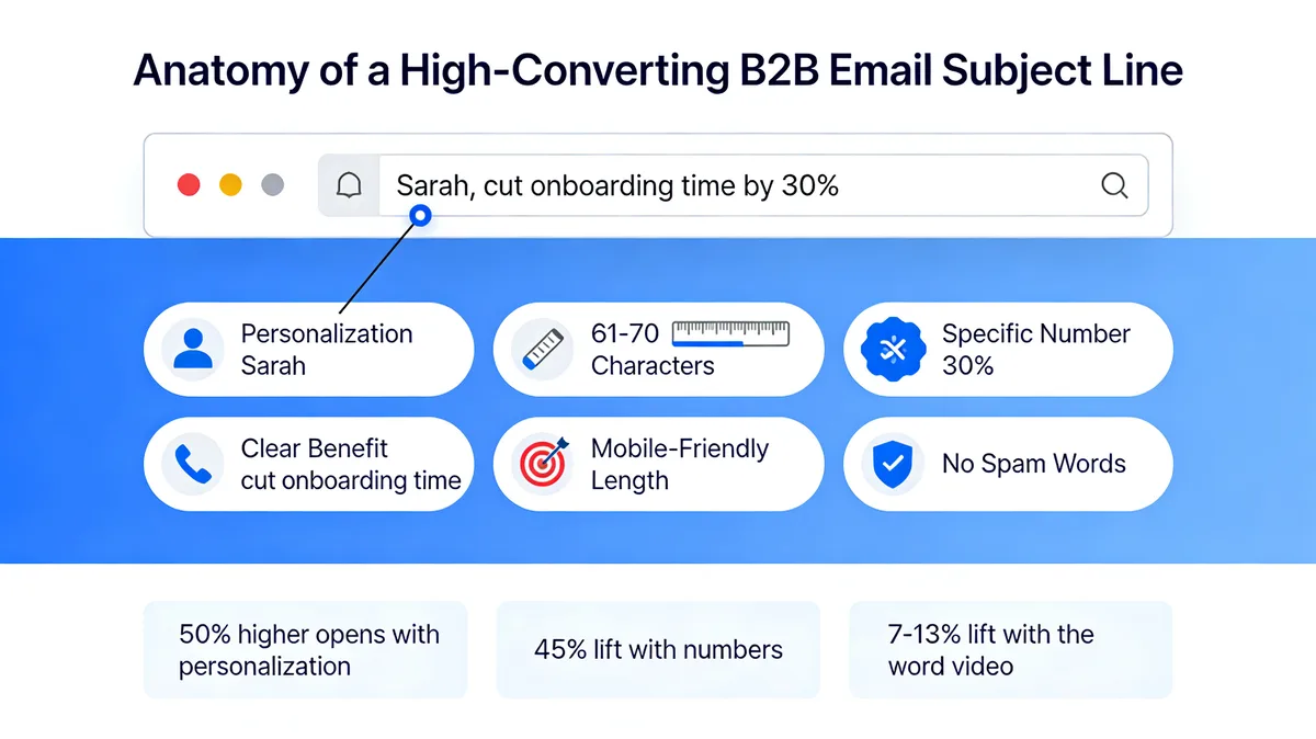Anatomy of a high-converting B2B email subject line infographic with personalization length numbers benefit and spam tips