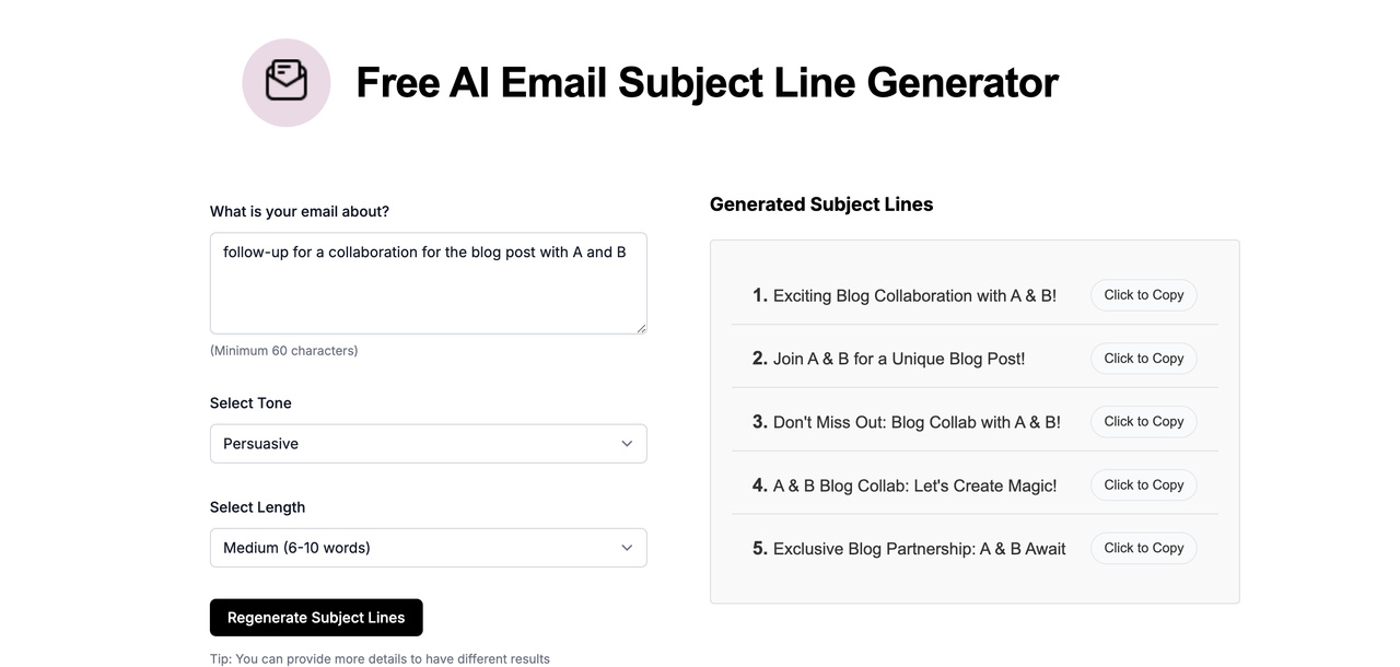 Popupsmart free AI Email Subject Line Generator tool page for creating follow-up subject lines