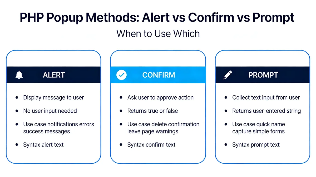 PHP popup methods comparison: when to use Alert vs Confirm vs Prompt