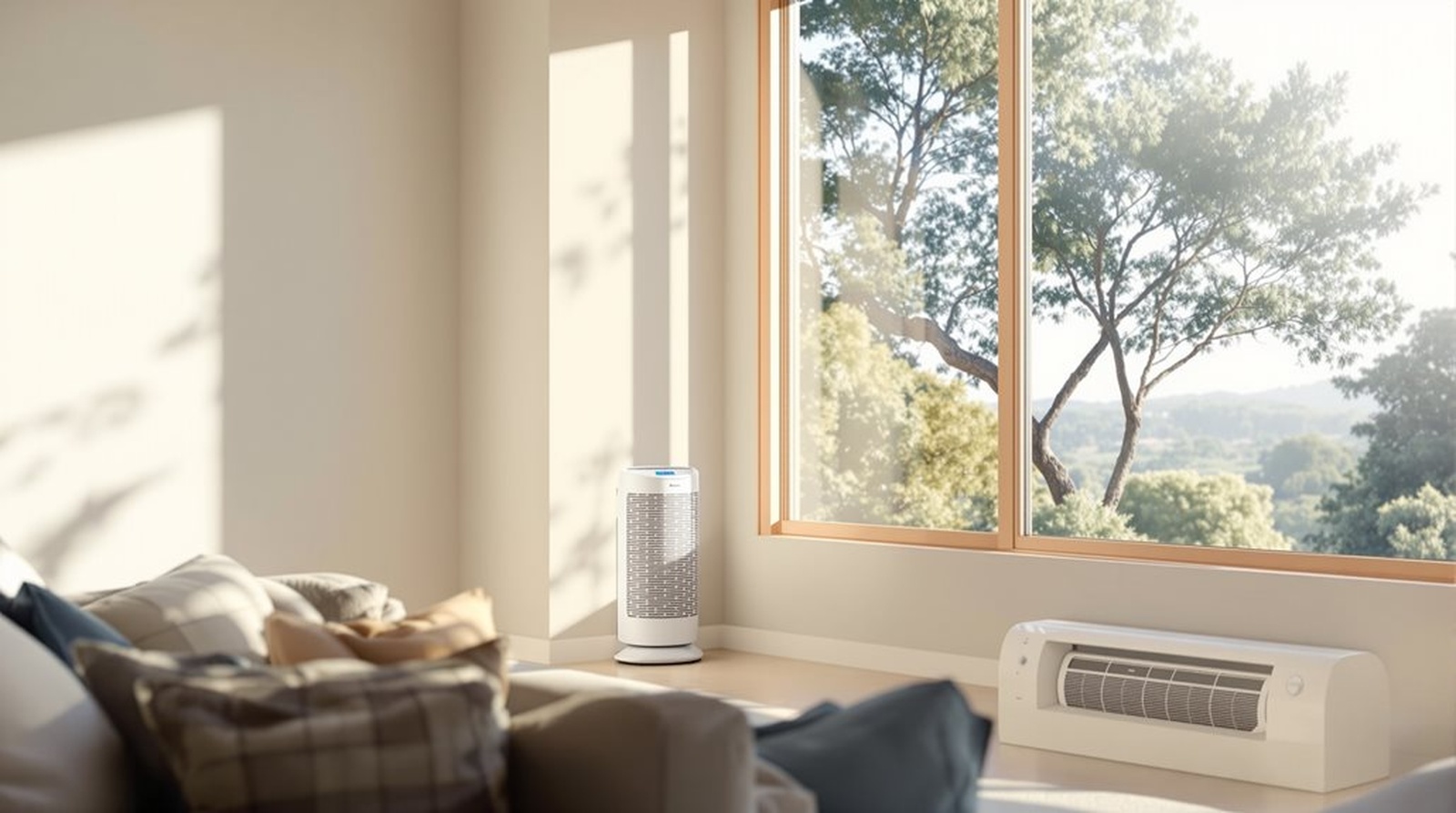 Modern air purifier improving indoor air quality in Santa Cruz living room