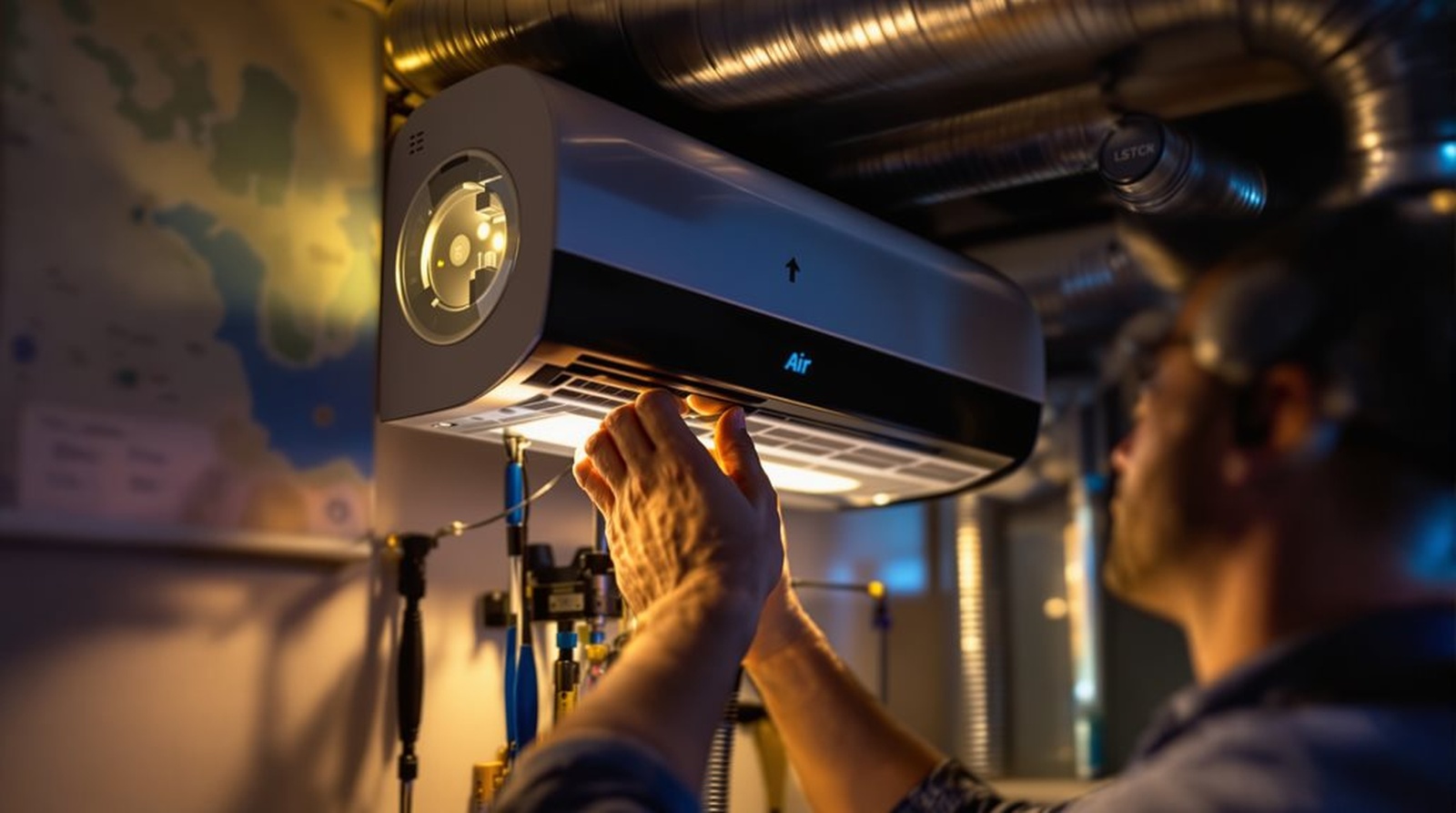 Professional HVAC technician installing air purification system in Santa Cruz home