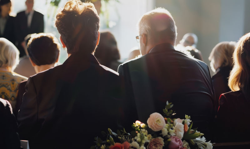 Back view of seated people in formal attire at a funeral with sunlight streaming in and a bouquet of flowers in the foreground.