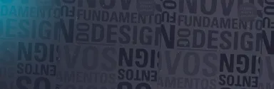 Graphic text pattern with repeated words 'NOVOS FUNDAMENTOS DO DESIGN' in various shades of dark gray and blue.