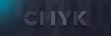 Dark background with large, bold letters spelling CMYK in a subtle gradient.