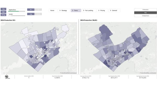 Side-by-side census tract maps comparing a lender's mortgage production with a peer lender