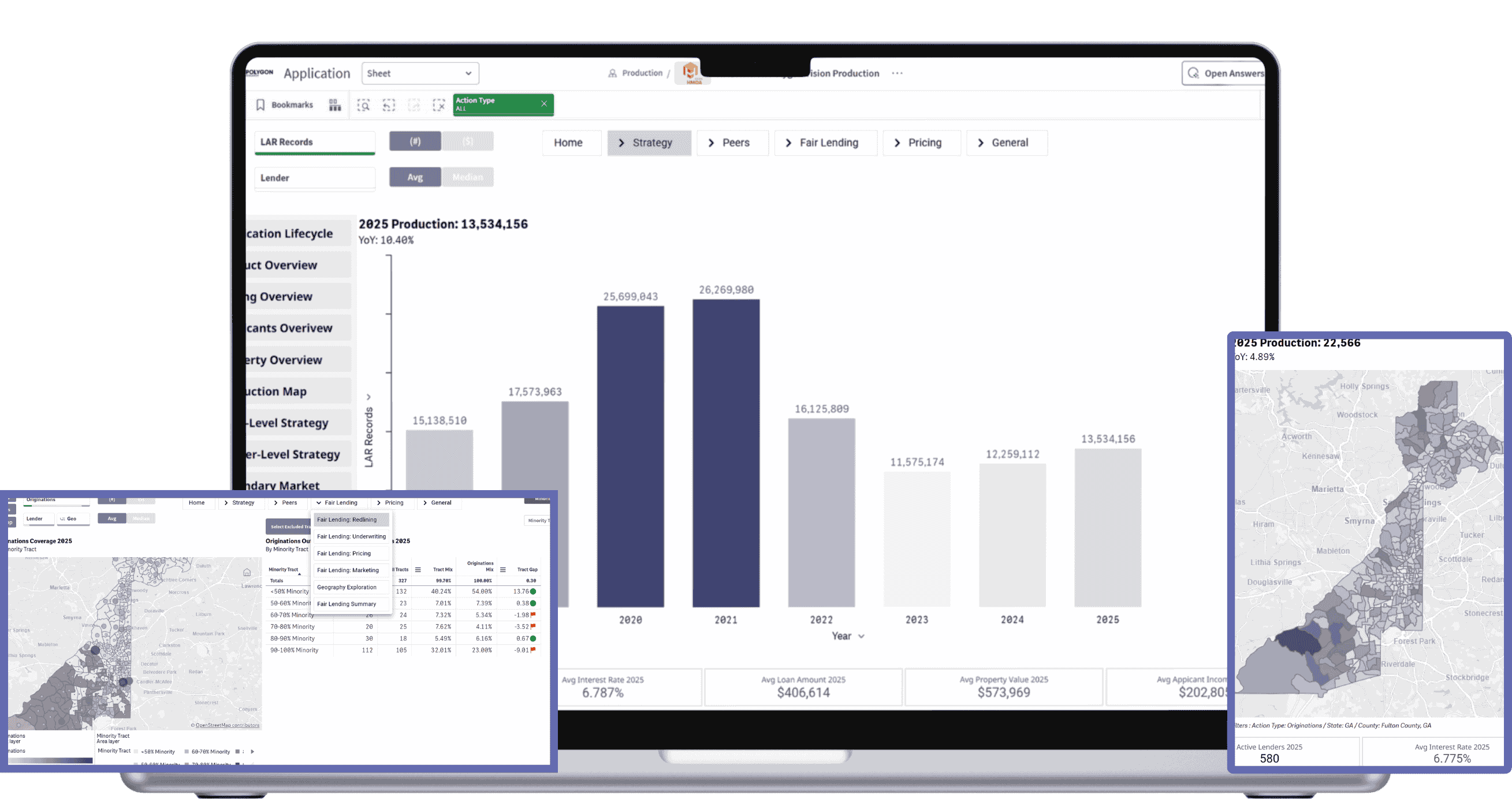 HMDAVision Dashboard showing 2018-2025 HMDA LAR records. Fulton County, GA, Map and table on the left for fair lending analysis. Fulton County, GA with mortgage production activity shown on the right.