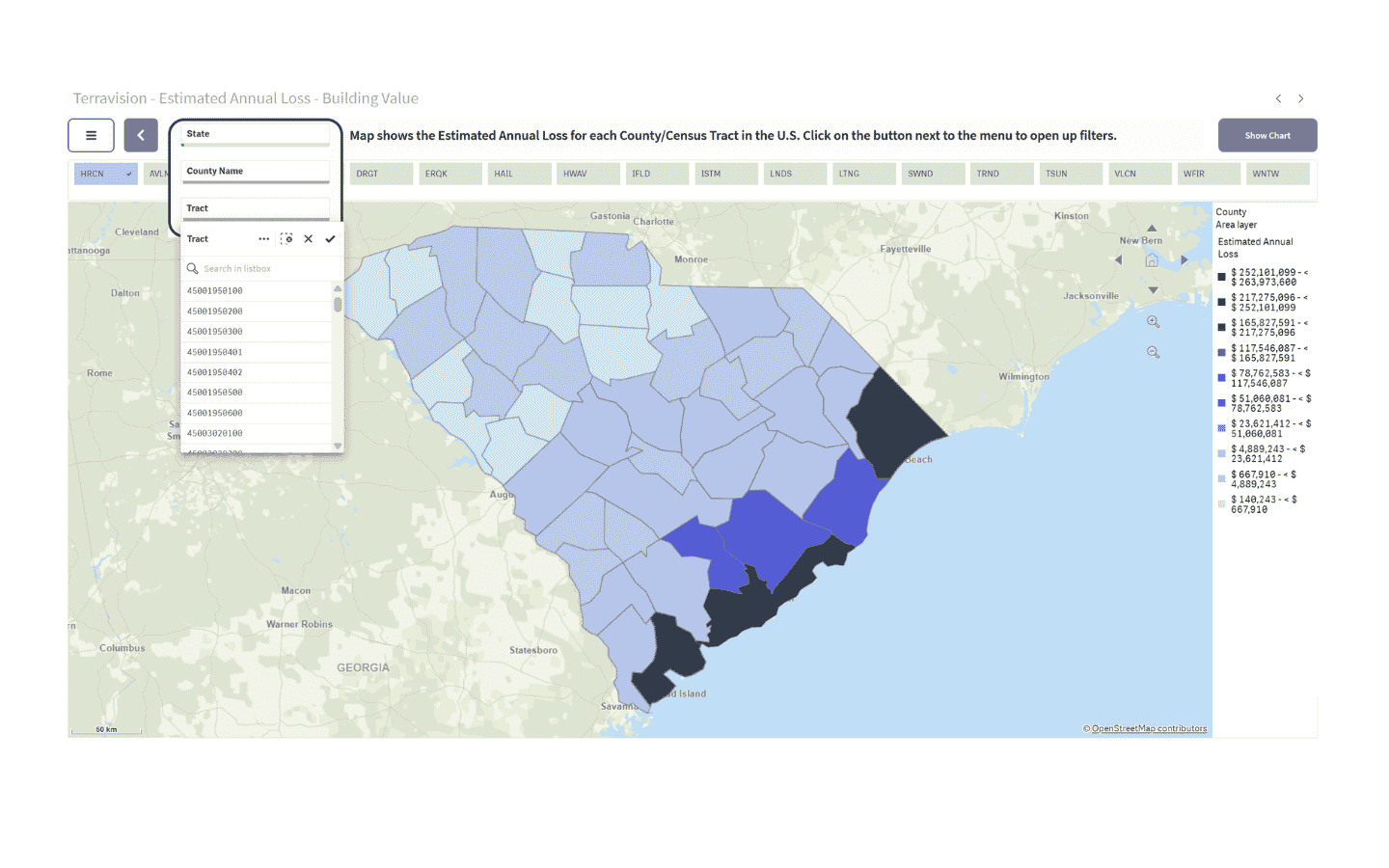 TerraVision dashboard mapping estimated annual loss from natural hazards by county and census tract.