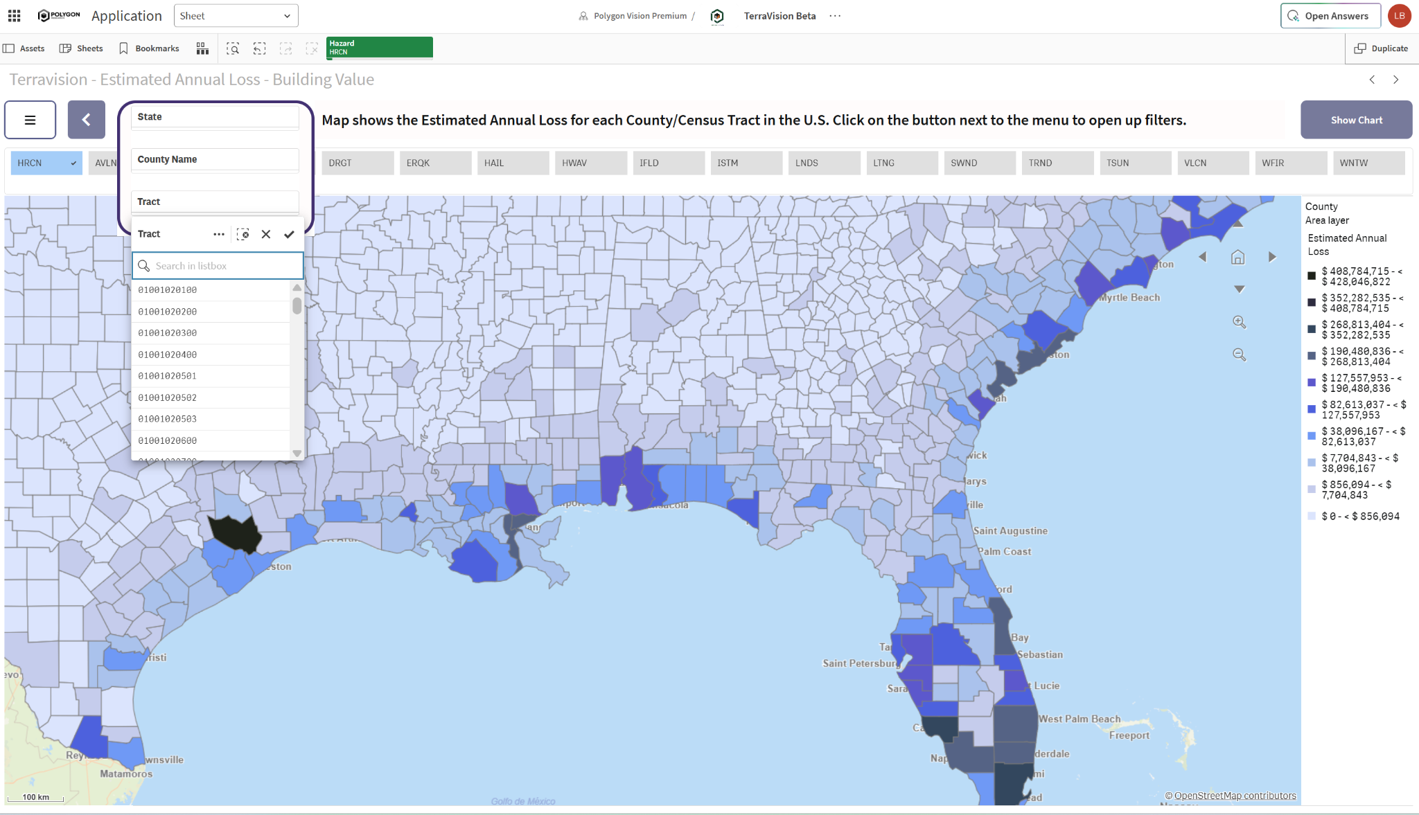 TerraVision estimated annual loss map showing building-value exposure by county and census tract