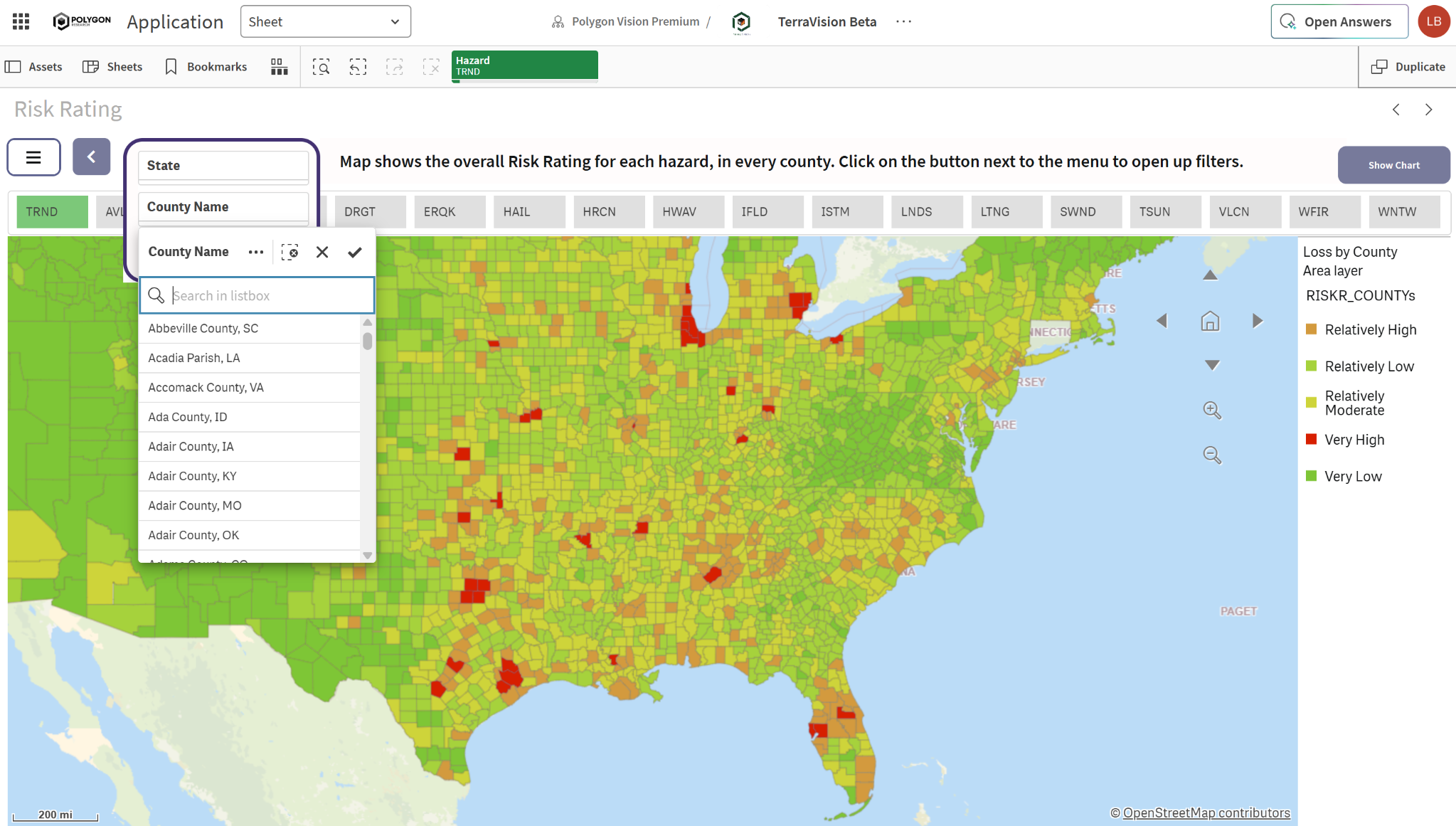 TerraVision overall risk rating map with county filters and hazard selection
