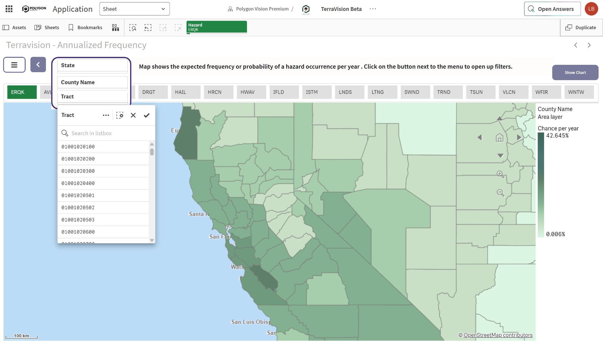 TerraVision annualized frequency map showing earthquake probability across western counties