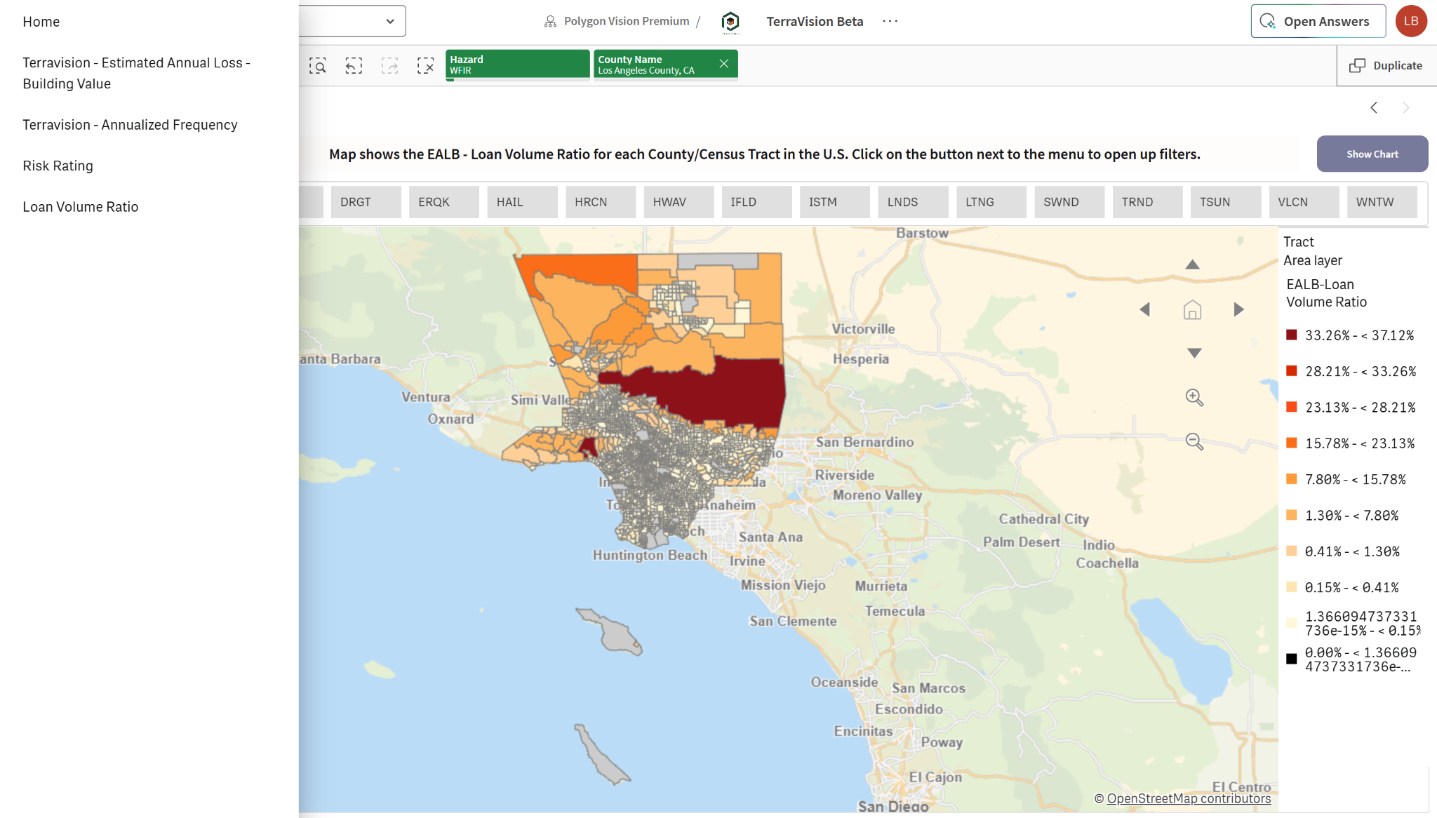TerraVision application showing the Sheets navigation and Loan Volume Ratio map