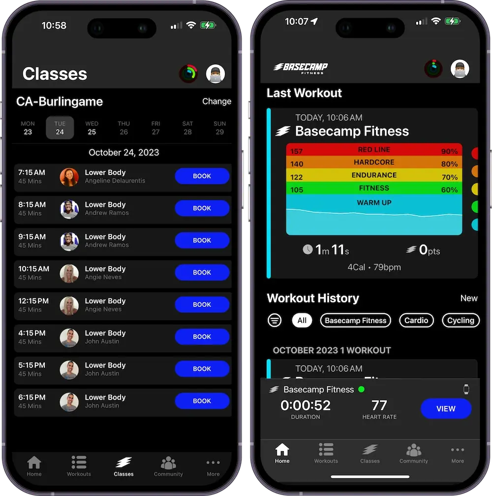 Two mobile screens of Basecamp Fitness app showing class schedule for October 24, 2023 with multiple Lower Body classes to book, and workout summary displaying heart rate zones, duration, calories, and workout history.