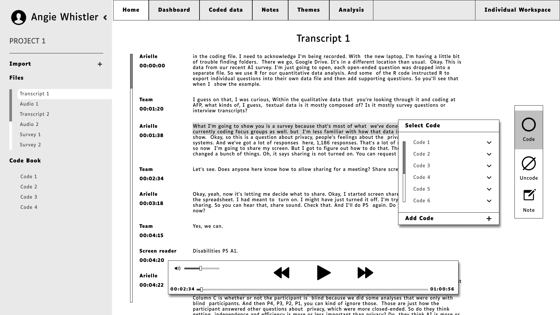 Digitized black and white prototype of the trasncript screen
