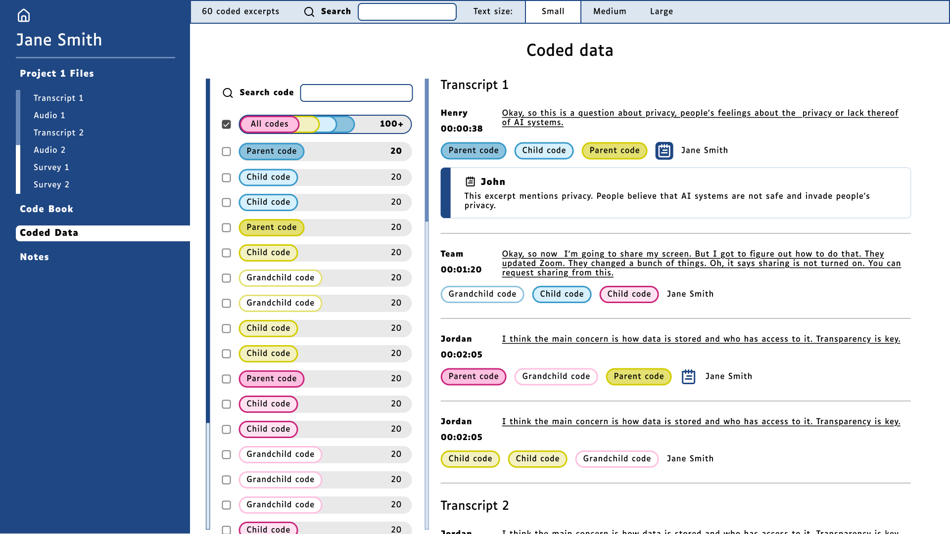 Coded data page. This page has the same layout as the past two screens. In the main working area, there's 2 columns. The first column lists all the codes with a frequency number. Codes may be selected to filter the data on the second column. In the second column the user can find the list of excerpts that were all coded with the selected code from the list. This column has the speaker, timestamp, the excerpt, all the codes assigned to this excerpt, if there's a note, an icon will show up, and the name of the person who coded this excerpt. If the users interacts with the note icon, the note assigned to this excerpt will display.