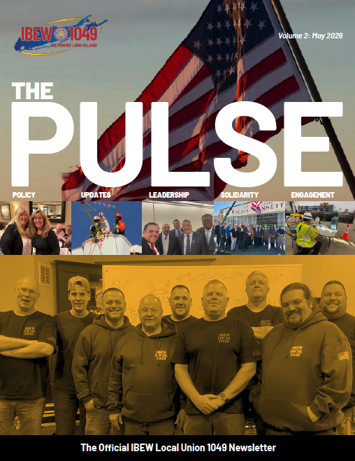 Cover of IBEW Local 1049 newsletter with US flag background and group photos of members and leaders.
