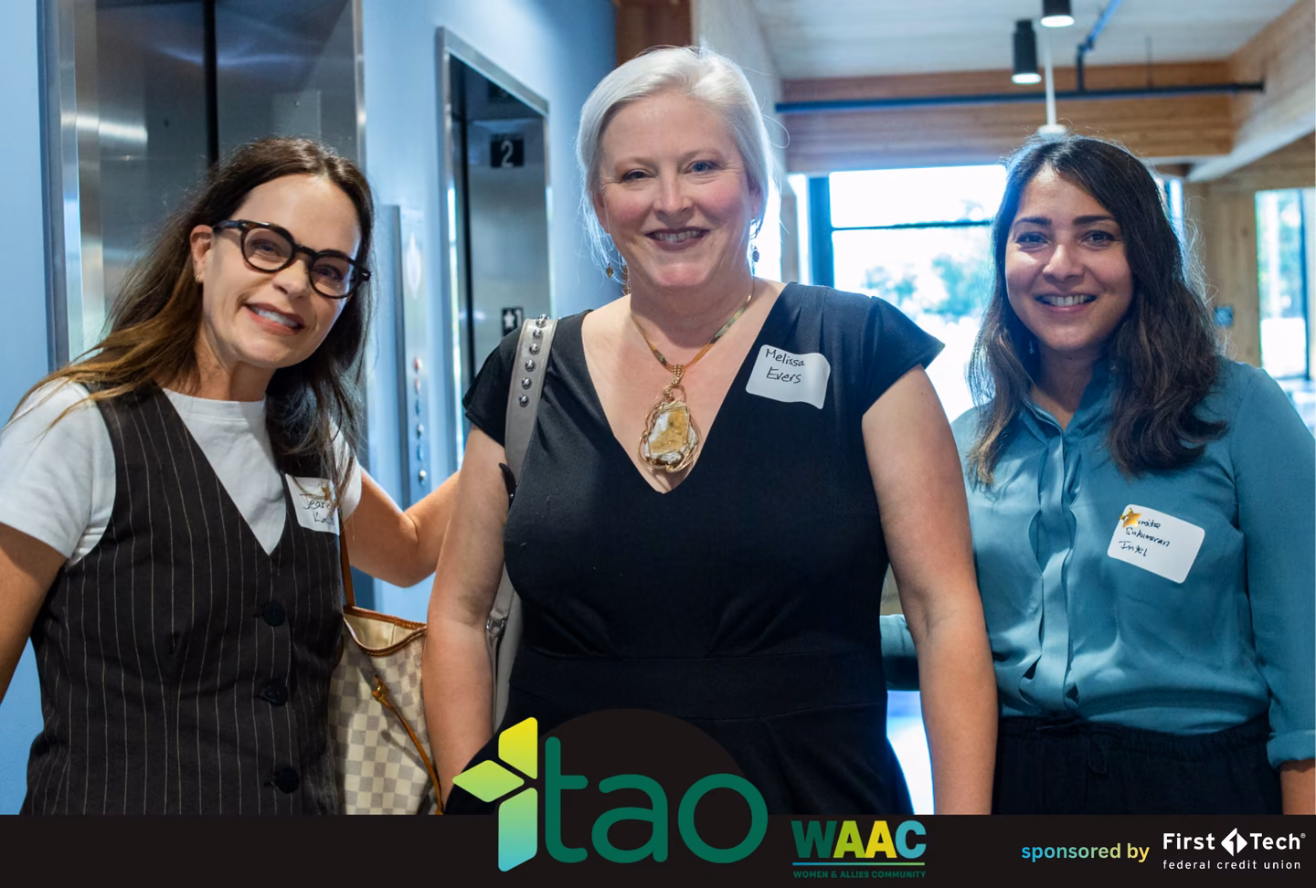 Three attendees posing together at the TAO WAAC and SWE Beyond the Build event