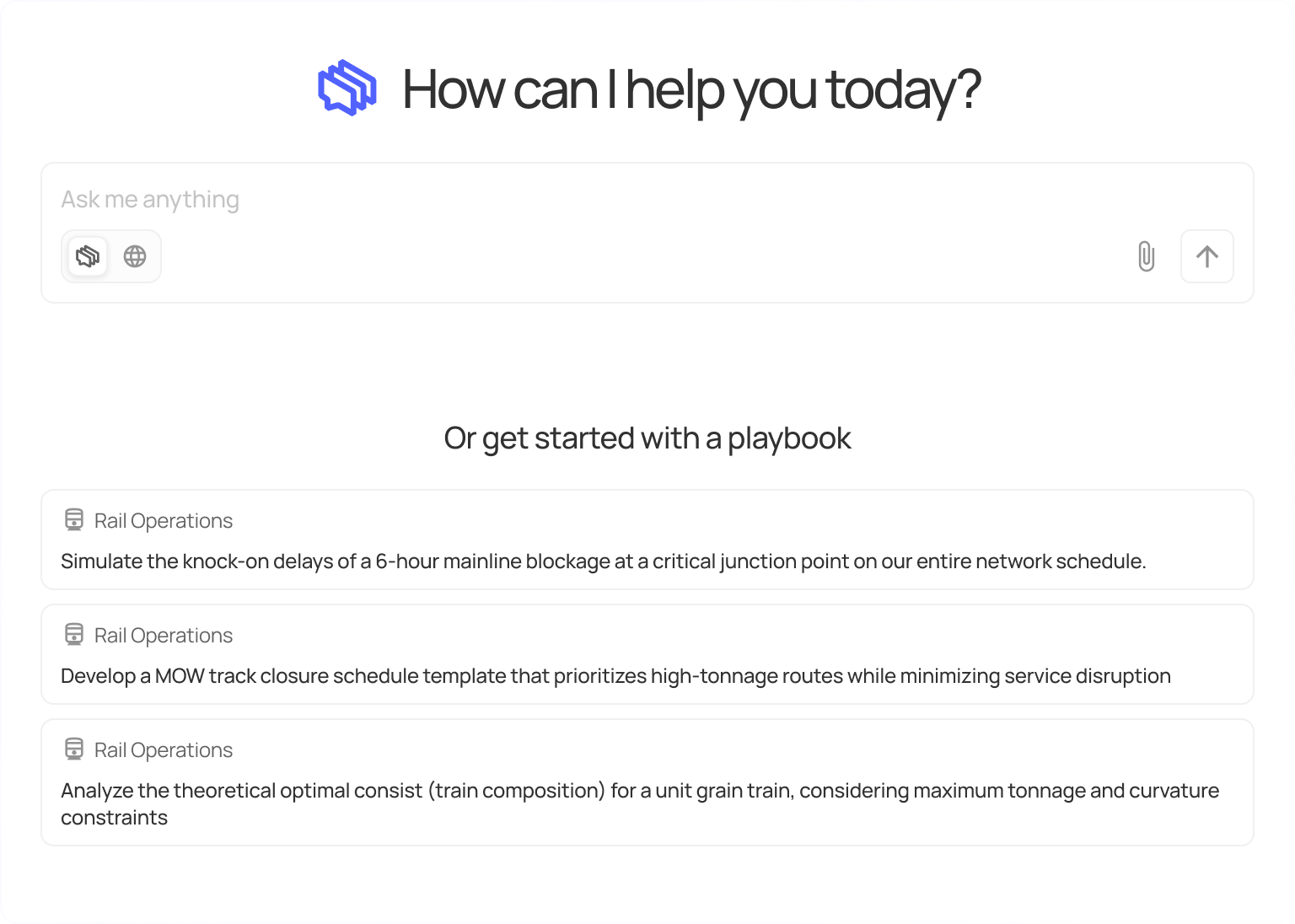 Chat interface with prompt 'How can I help you today?' and three Rail Operations playbook options about train schedule delays, track closure, and train composition analysis.