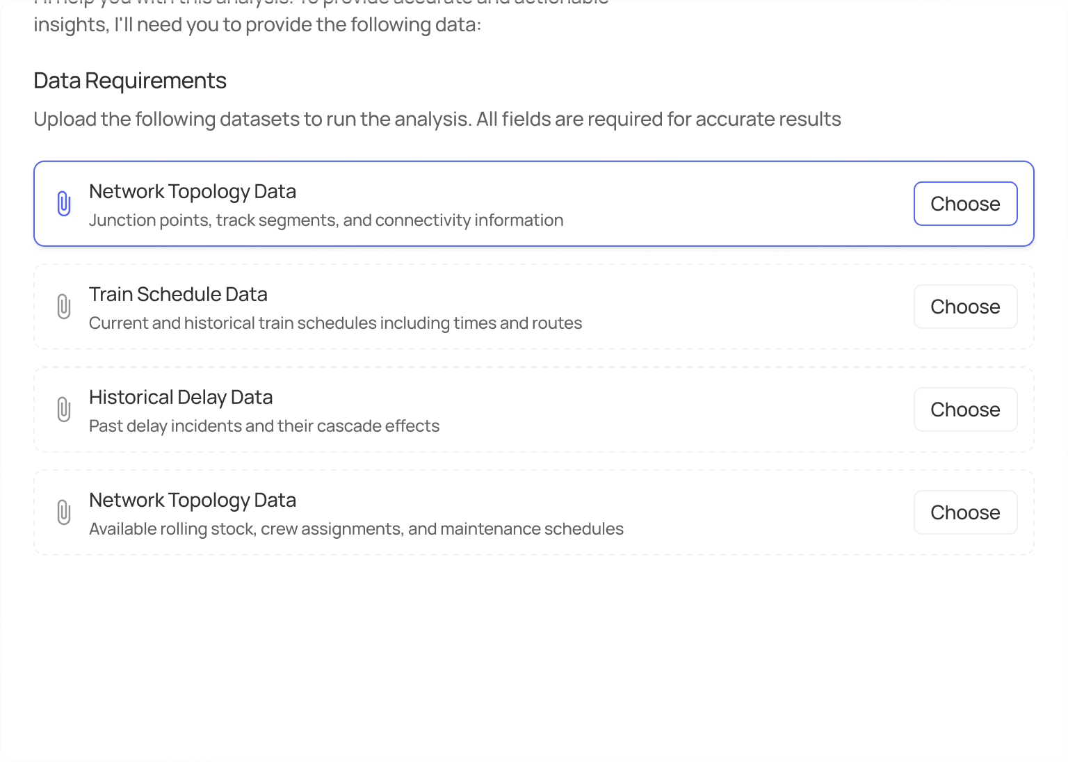 Data upload interface listing required datasets: Network Topology Data with junction points and track segments, Train Schedule Data with current and historical schedules, Historical Delay Data with past delay incidents, and Network Topology Data with rolling stock and maintenance schedules, each with a 'Choose' button.