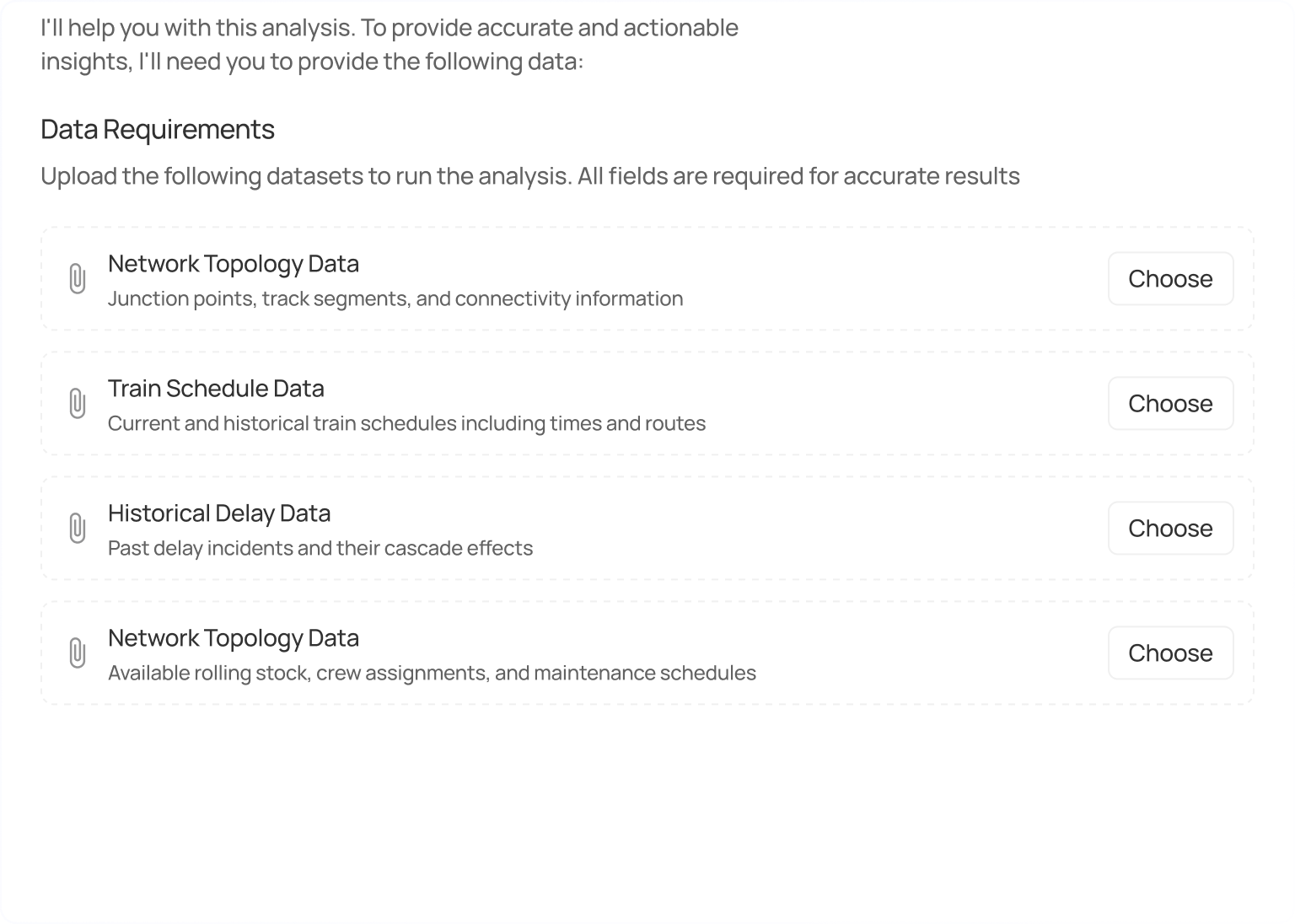 Form requesting upload of datasets including Network Topology Data, Train Schedule Data, Historical Delay Data, and rolling stock and crew assignments.