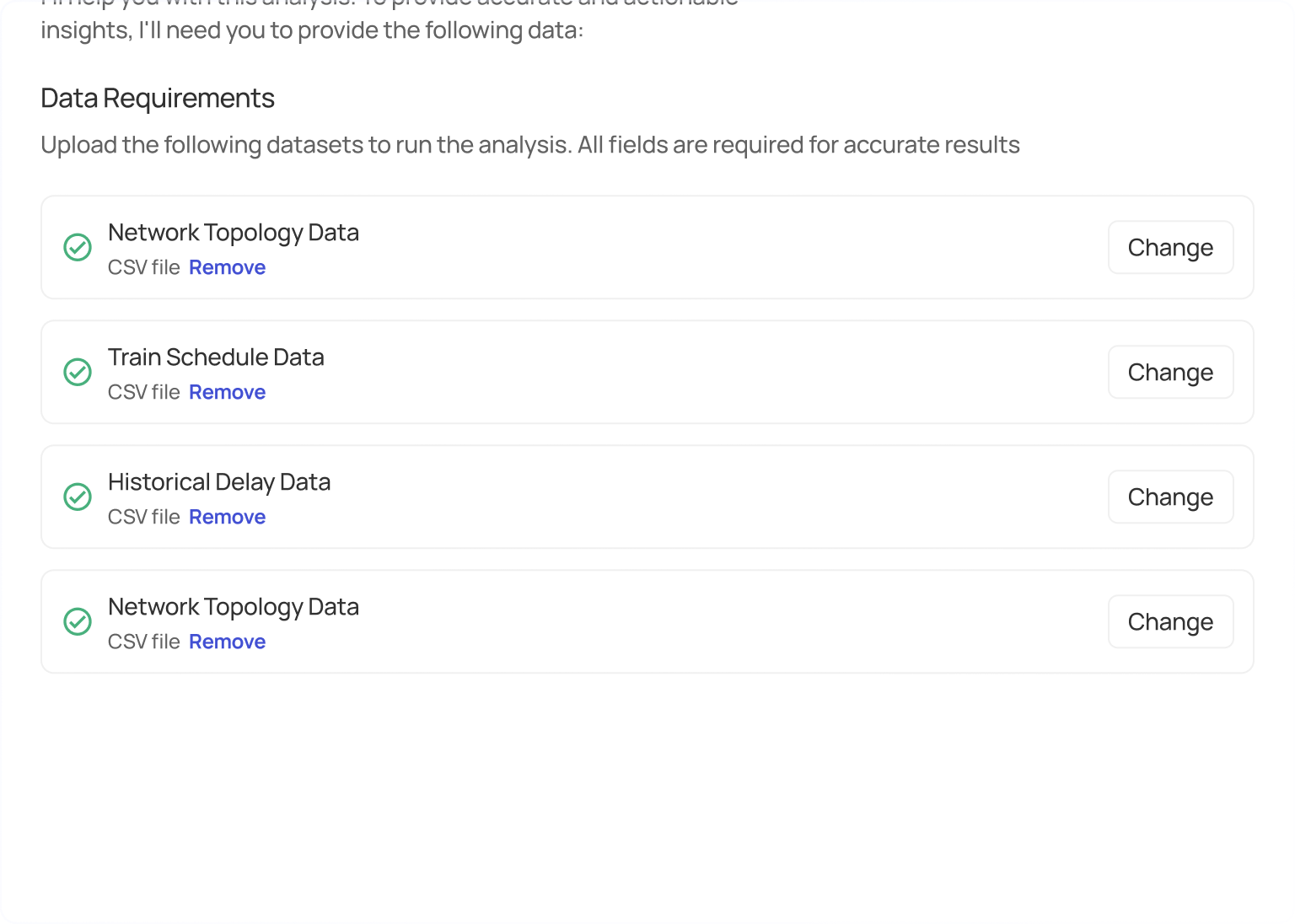 Data upload interface showing CSV files for Network Topology Data, Train Schedule Data, and Historical Delay Data with options to Remove or Change each file.