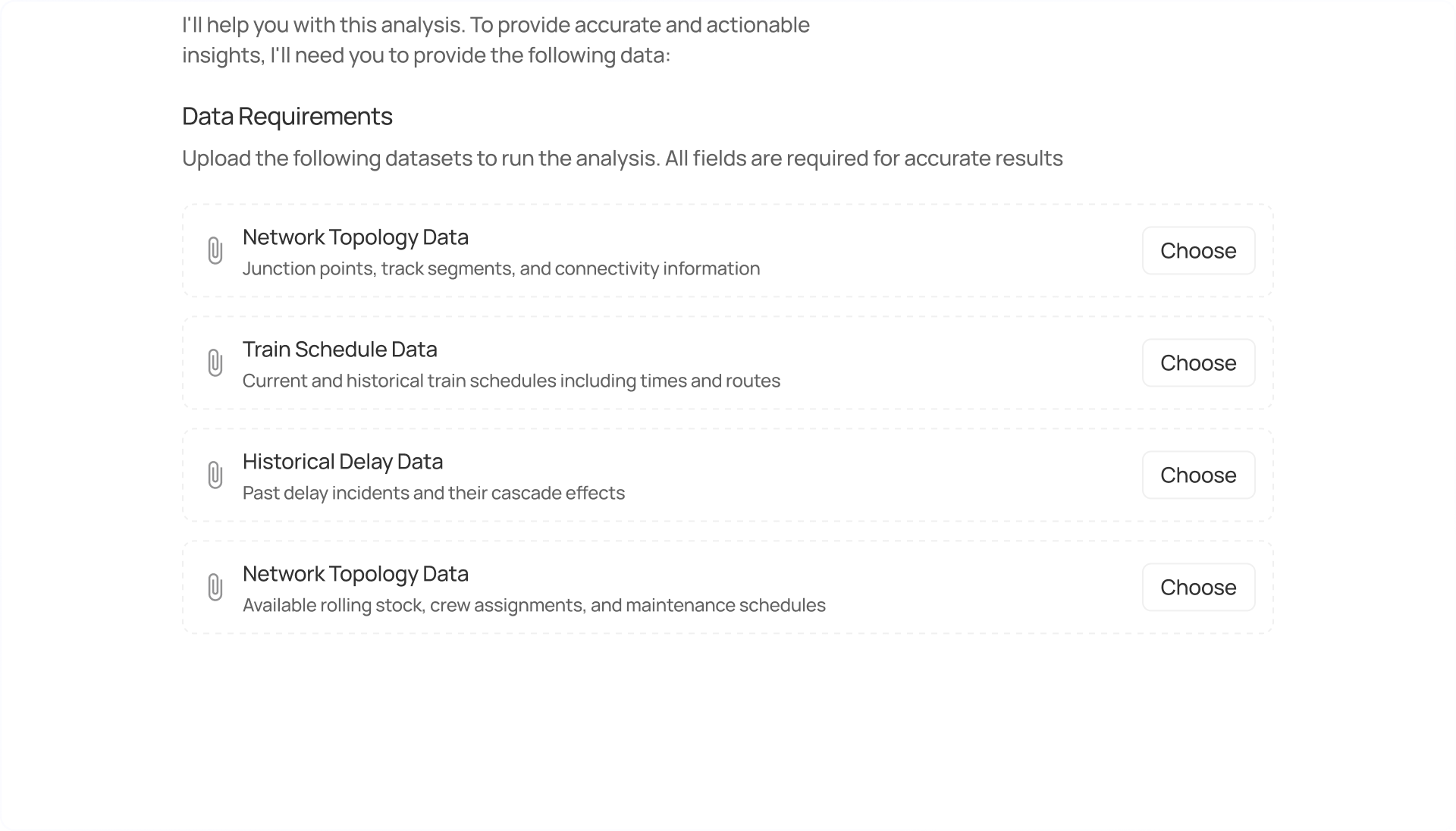 Form requesting upload of datasets including Network Topology Data, Train Schedule Data, Historical Delay Data, and Network Topology Data for rolling stock and maintenance schedules.