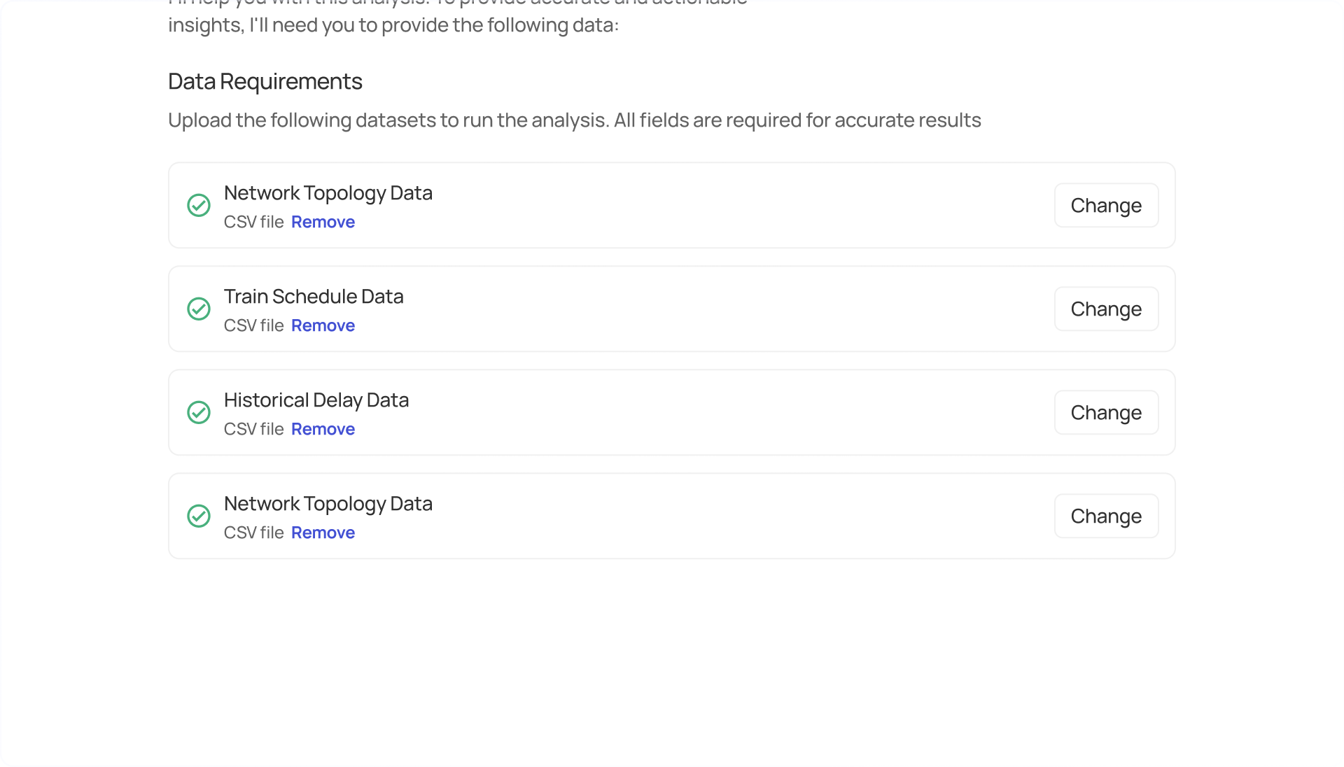 Data upload interface listing required datasets: Network Topology Data, Train Schedule Data, Historical Delay Data, each with options to remove or change.