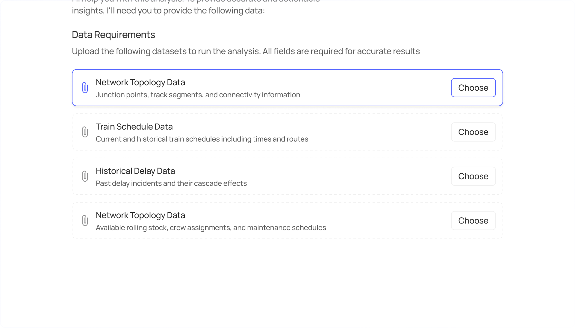 User interface listing data requirements with four sections to upload: Network Topology Data for junction points and connectivity, Train Schedule Data for current and historical schedules, Historical Delay Data for past delays and cascade effects, and Network Topology Data for rolling stock and maintenance schedules, each with a 'Choose' button.