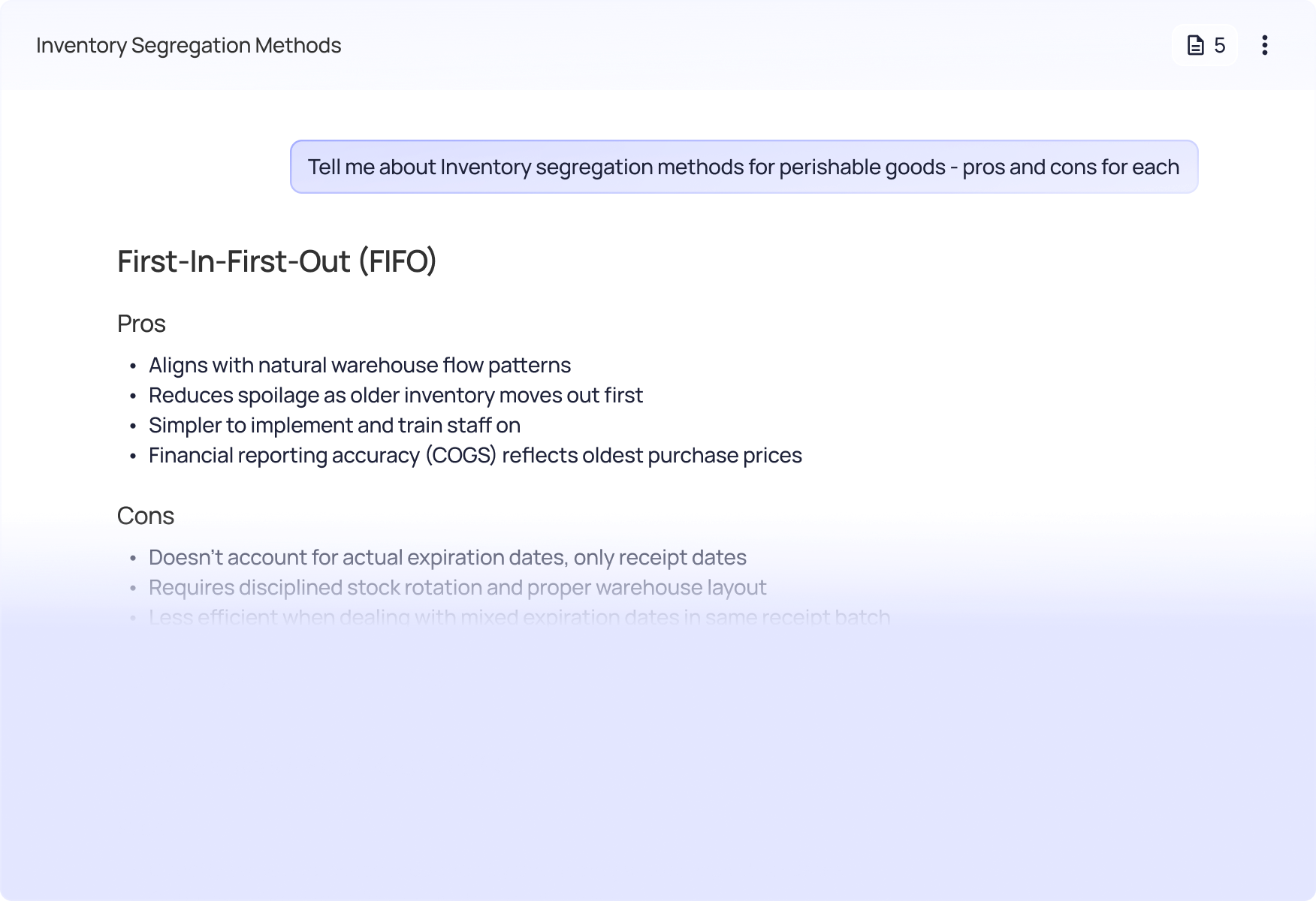Text listing pros and cons of First-In-First-Out (FIFO) inventory segregation method, highlighting alignment with warehouse flow and reduced spoilage as pros, and limitation on actual expiration dates as cons.