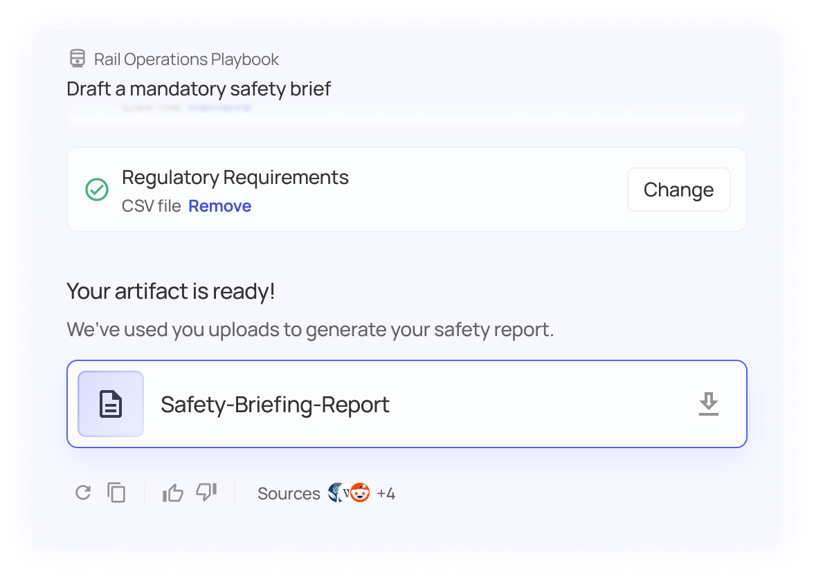 User interface showing a Rail Operations Playbook drafting a mandatory safety brief with a CSV file uploaded for Regulatory Requirements and a ready Safety-Briefing-Report available for download.