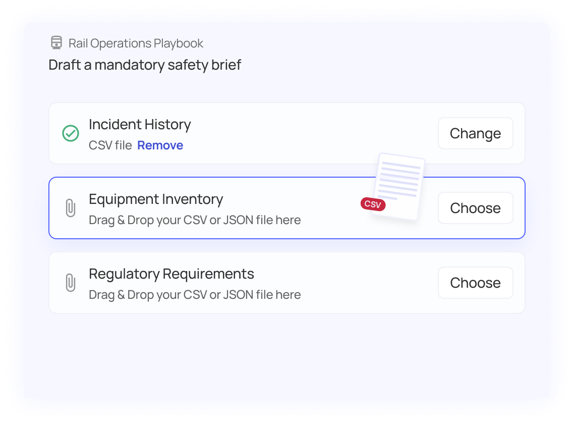 Rail Operations Playbook interface showing mandatory safety brief draft with options to upload or change CSV or JSON files for Incident History, Equipment Inventory, and Regulatory Requirements.