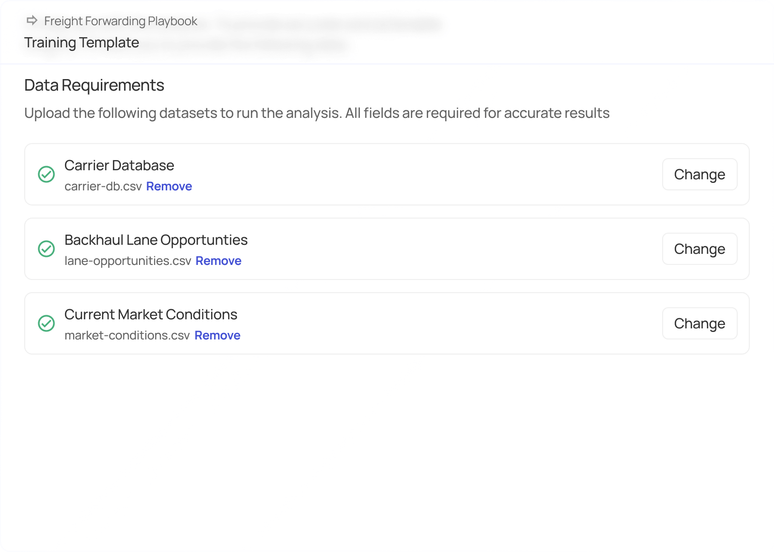 Data upload interface showing CSV files for Network Topology Data, Train Schedule Data, and Historical Delay Data with options to Remove or Change each file.