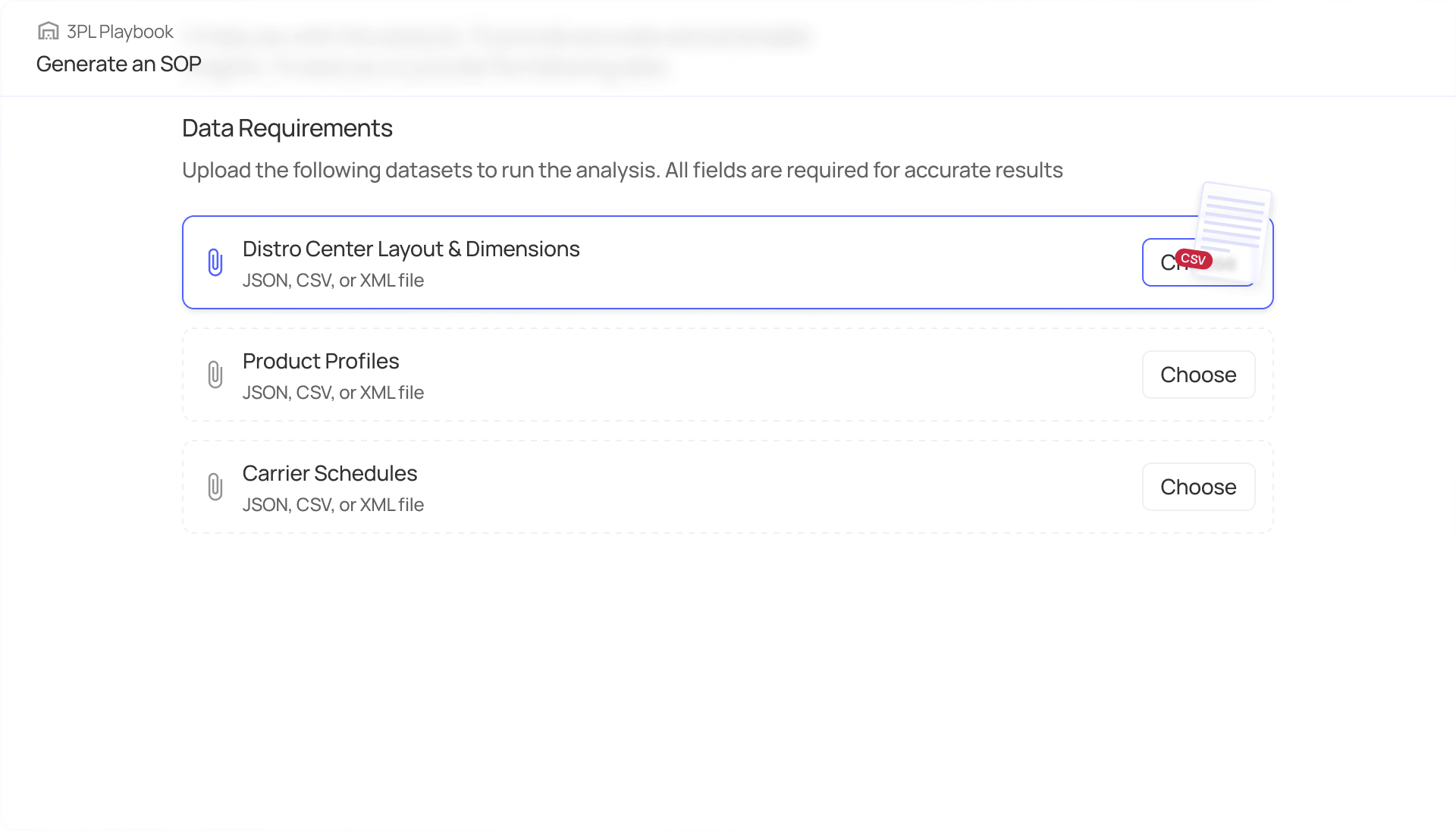 User interface listing data requirements with four sections to upload: Network Topology Data for junction points and connectivity, Train Schedule Data for current and historical schedules, Historical Delay Data for past delays and cascade effects, and Network Topology Data for rolling stock and maintenance schedules, each with a 'Choose' button.