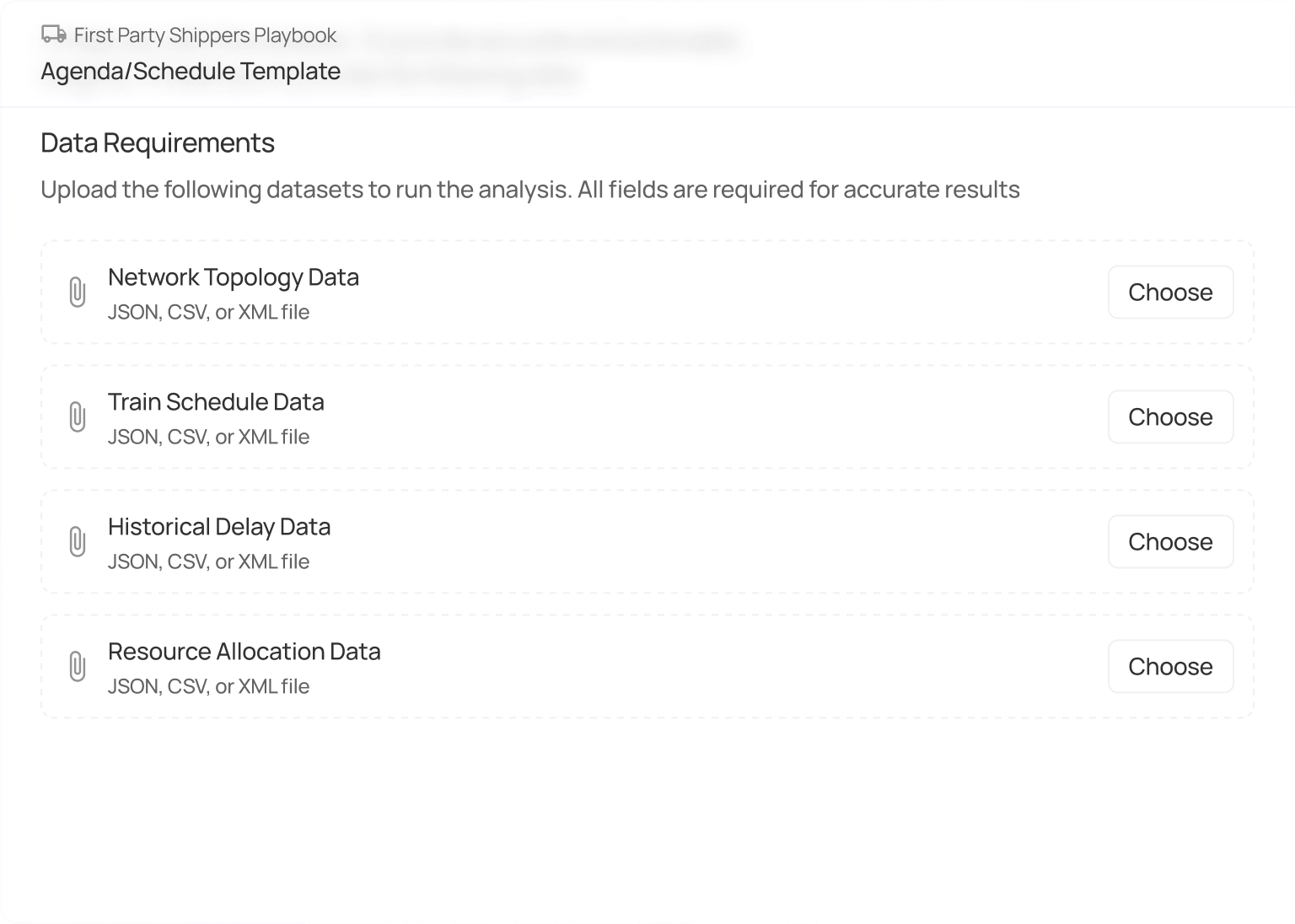 Form requesting upload of datasets including Network Topology Data, Train Schedule Data, Historical Delay Data, and rolling stock and crew assignments.