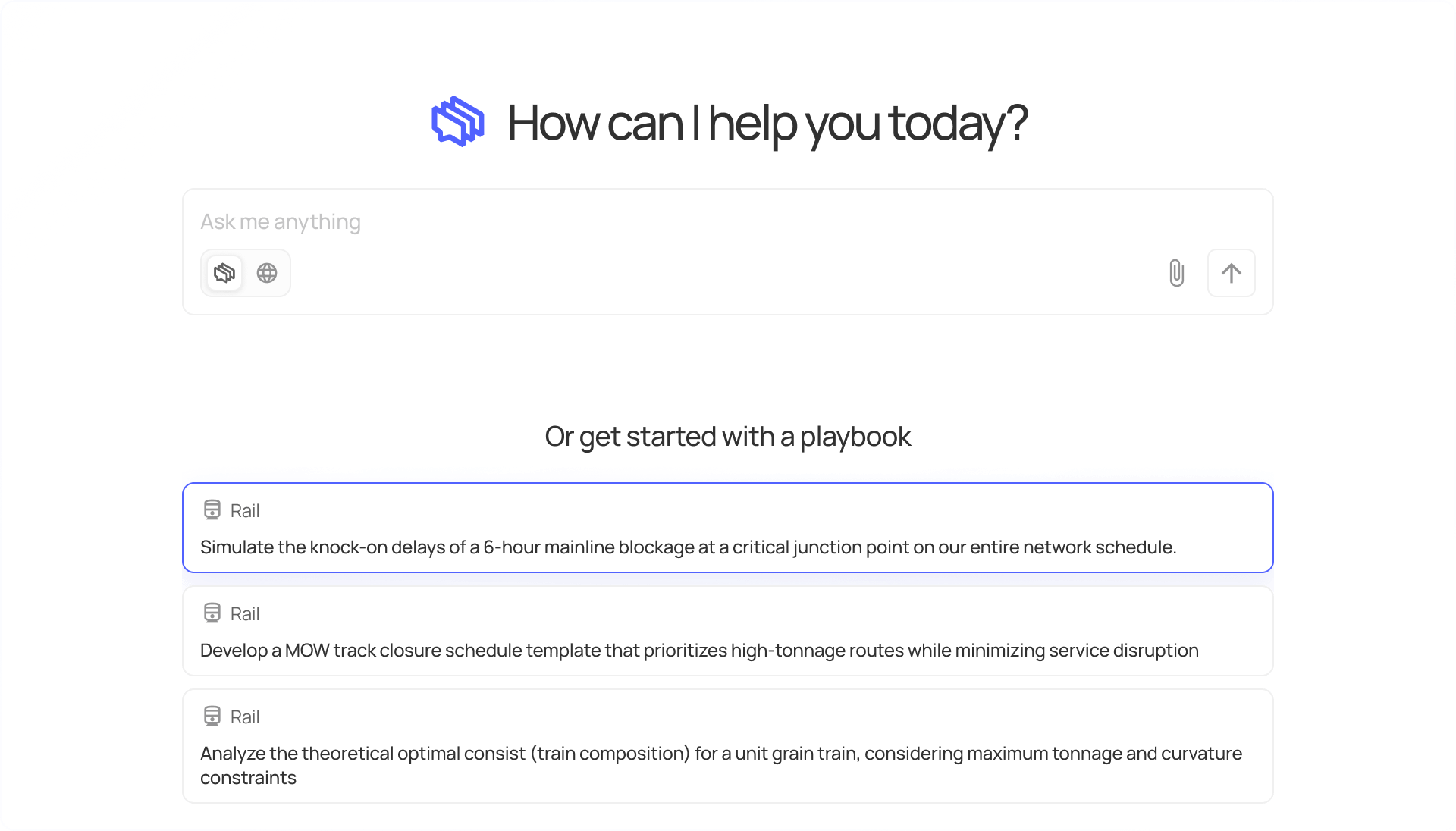 Chat interface with the prompt 'How can I help you today?' and options for rail operations playbooks including simulating delays, developing track closure schedules, and analyzing train composition.