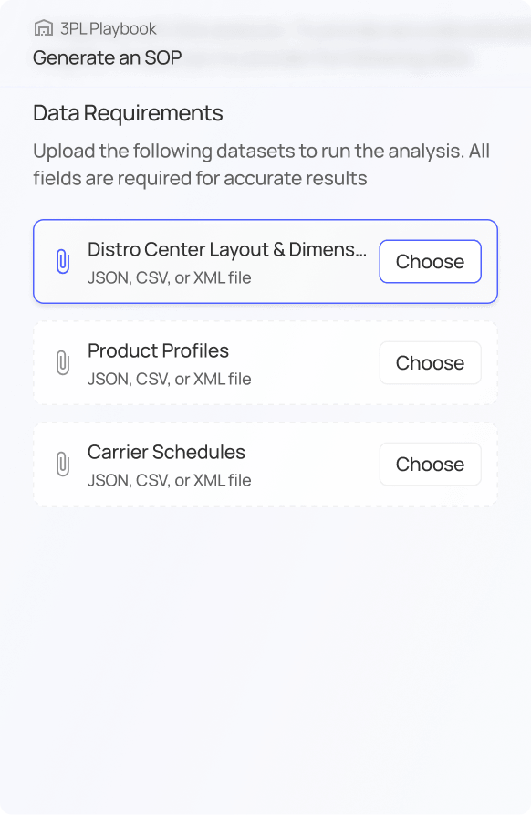 Interface for uploading required datasets to generate a SOP, including Distro Center Layout & Dimensions, Product Profiles, and Carrier Schedules in JSON, CSV, or XML format.