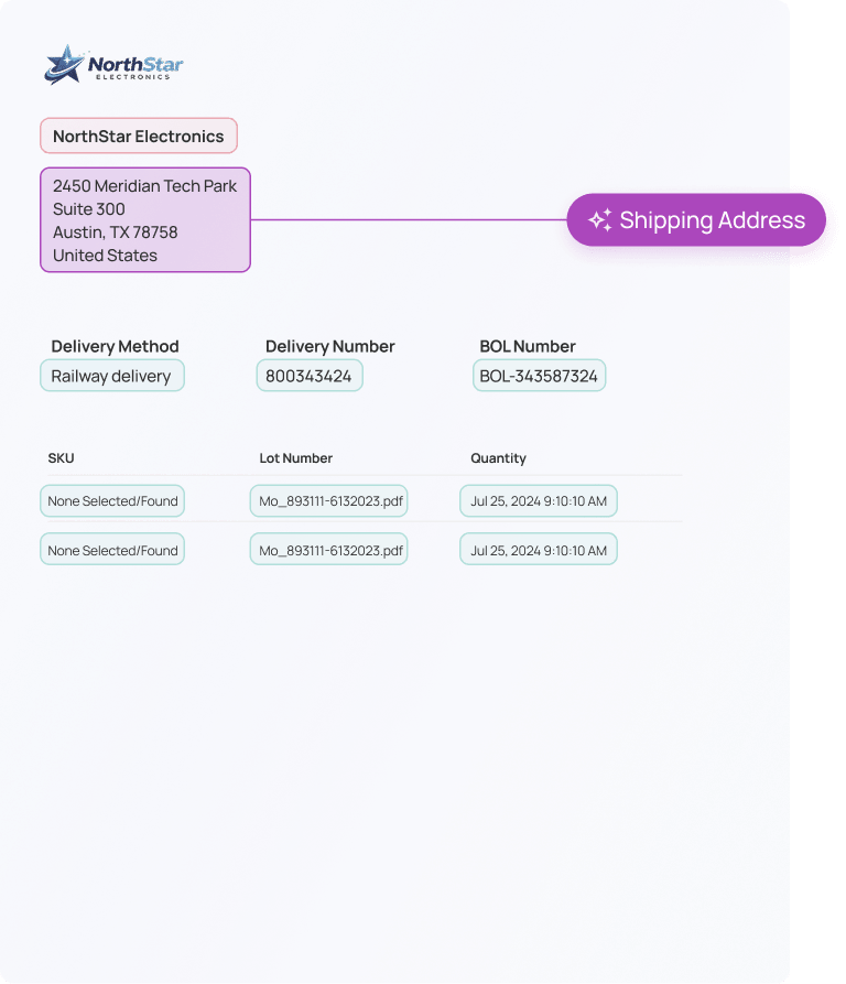 NorthStar Electronics shipping details showing address at 2450 Meridian Tech Park, Austin, TX, with railway delivery, delivery number 800343424, BOL number BOL-343587324, and two line items with Lot Number Mo_893111-6132023.pdf and quantity timestamped Jul 25, 2024 9:10:10 AM.