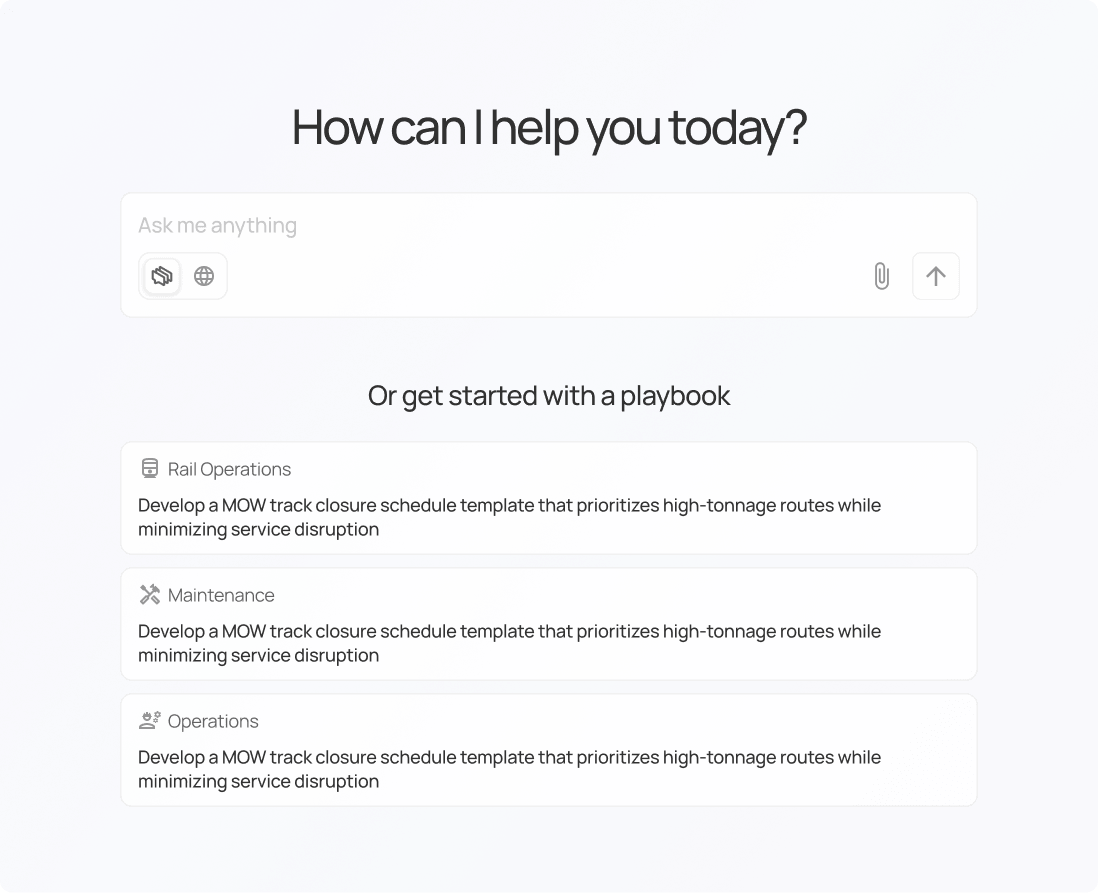 Chat interface with prompt 'How can I help you today?' and input field for asking questions, plus three playbook options for Rail Operations, Maintenance, and Operations.