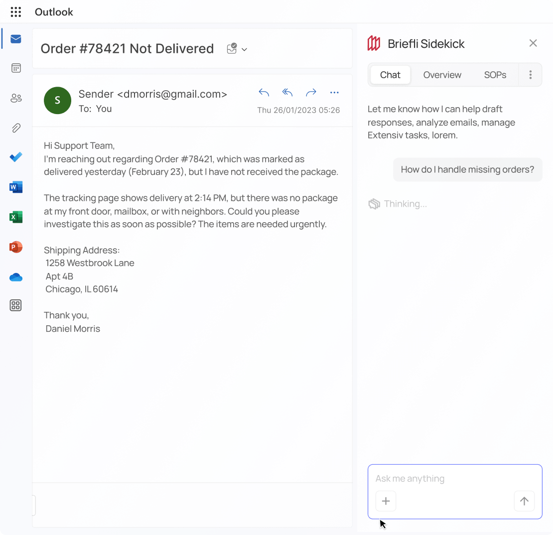 Outlook email titled 'Order #78421 Not Delivered' from Daniel Morris to support team, reporting missing package delivery and providing shipping address, with Briefli Sidekick chat panel on the right.