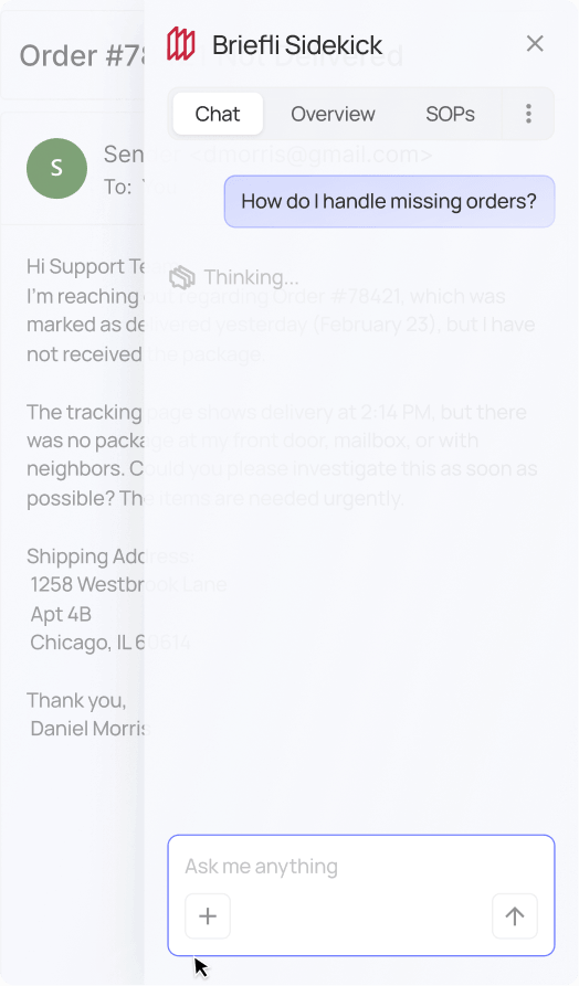 Screenshot of a chat interface titled Briefli Sidekick with a user question, 'How do I handle missing orders?', and the AI processing a response.