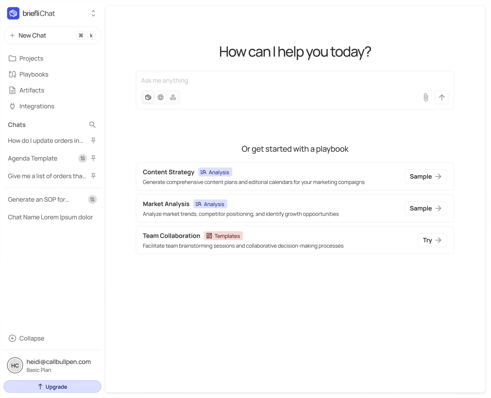 BriefliChat interface showing options for new chat, projects, playbooks, artifacts, integrations, and chat history on the left sidebar with a main panel asking 'How can I help you today?' and playbook options for Content Strategy, Market Analysis, and Team Collaboration.