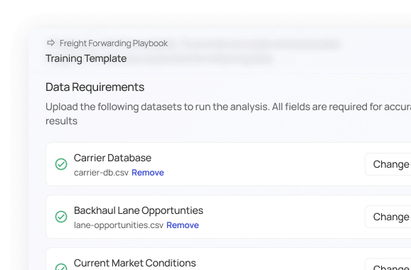 User interface for a Freight Forwarding Playbook training template showing data requirements with uploaded datasets including Carrier Database, Backhaul Lane Opportunities, and Current Market Conditions, each with options to remove or change.